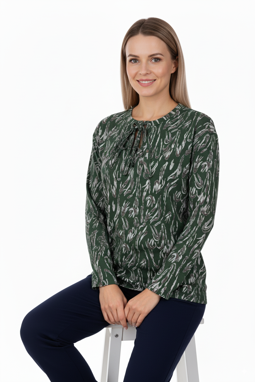 Kadın Bluz Viskon Penye Kumaş Bağcık Yakalı Simli Model Uzun Kollu Likralı Rahat Tam Kalıp