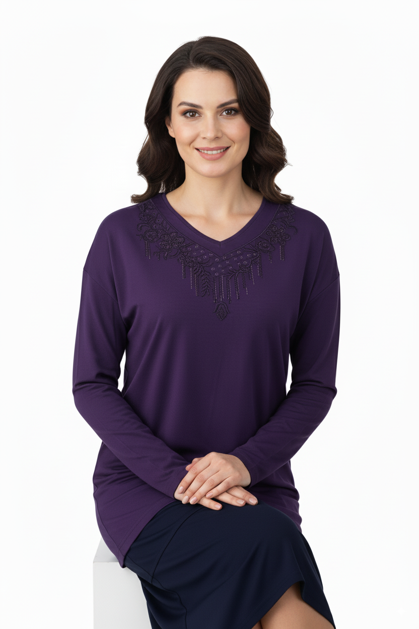 Kadın Anne Bluz Viskon Penye Kumaş Hafif V Yakalı Kolyem Model Battal Beden Rahat Tam Kalıp