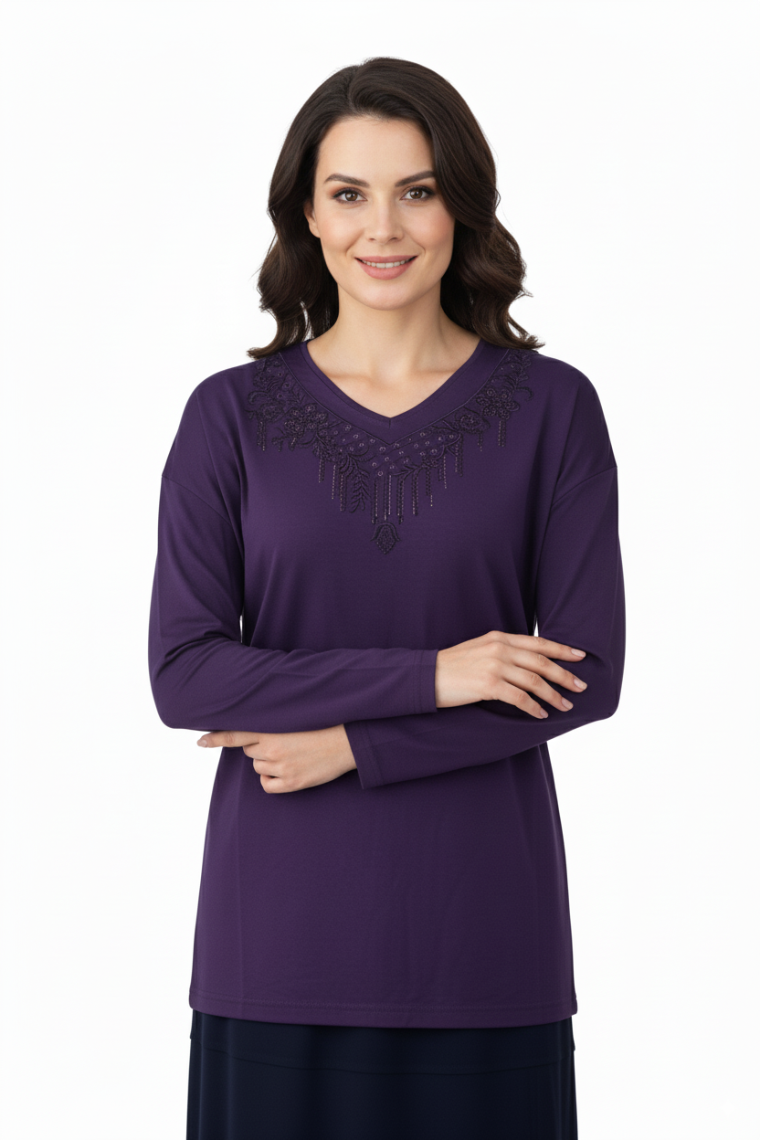 Kadın Anne Bluz Viskon Penye Kumaş Hafif V Yakalı Kolyem Model Battal Beden Rahat Tam Kalıp