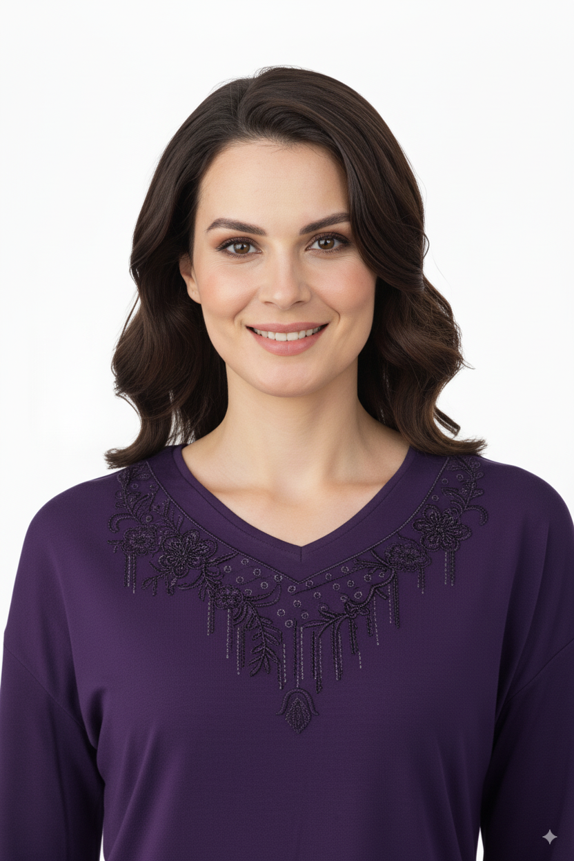 Kadın Anne Bluz Viskon Penye Kumaş Hafif V Yakalı Kolyem Model Battal Beden Rahat Tam Kalıp