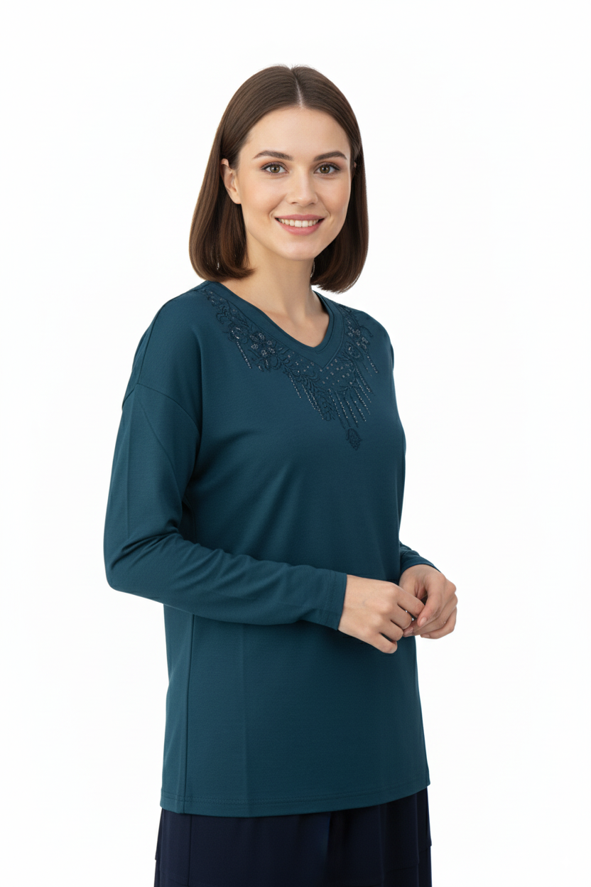 Kadın Anne Bluz Viskon Penye Kumaş Hafif V Yakalı Kolyem Model Battal Beden Rahat Tam Kalıp