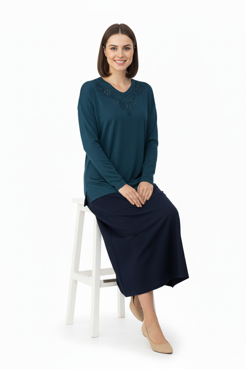 Kadın Anne Bluz Viskon Penye Kumaş Hafif V Yakalı Kolyem Model Battal Beden Rahat Tam Kalıp