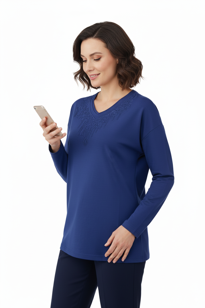 Kadın Anne Bluz Viskon Penye Kumaş Hafif V Yakalı Kolyem Model Battal Beden Rahat Tam Kalıp