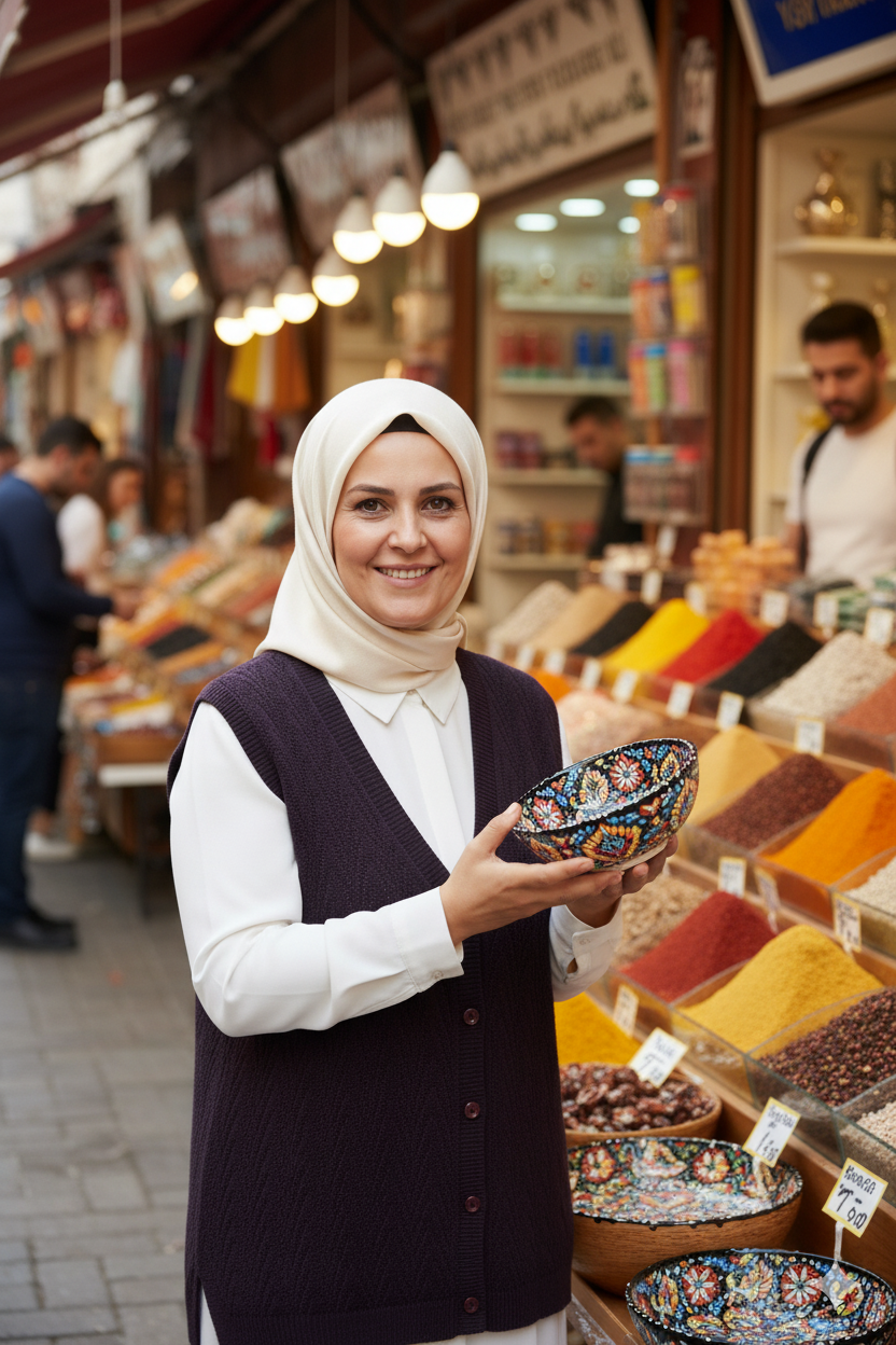 Kadın Kışlık Pamuklu Triko Klasik Örme Anne Yelek Kilim Örgü Model Önden Düğmeli Çift Cepli