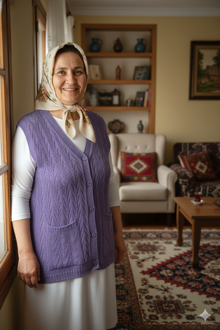 Kadın Kışlık Pamuklu Triko Klasik Örme Anne Yelek Kilim Örgü Model Önden Düğmeli Çift Cepli