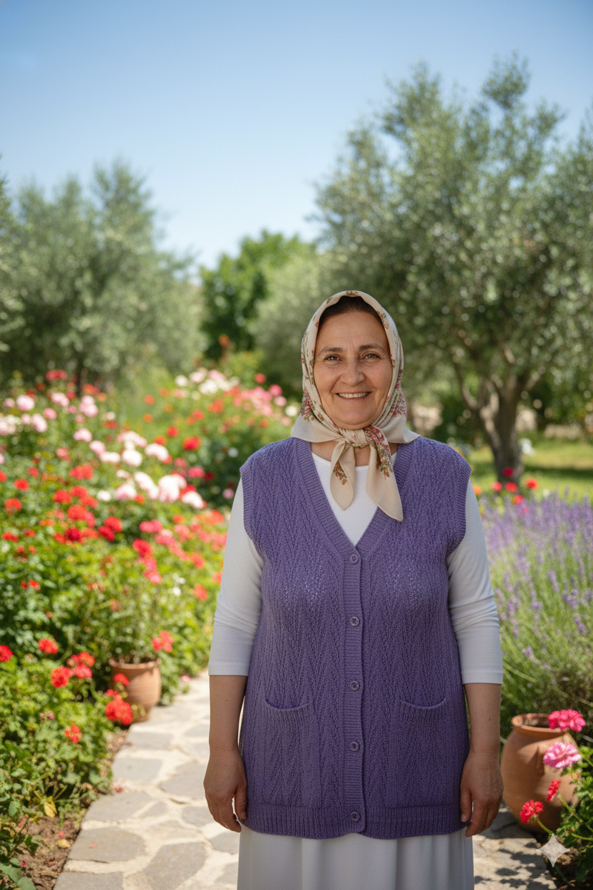 Kadın Kışlık Pamuklu Triko Klasik Örme Anne Yelek Kilim Örgü Model Önden Düğmeli Çift Cepli