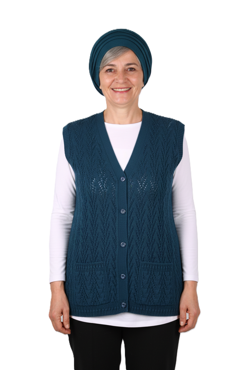 Kadın Kışlık Pamuklu Triko Klasik Örme Anne Yelek Kilim Örgü Model Önden Düğmeli Çift Cepli