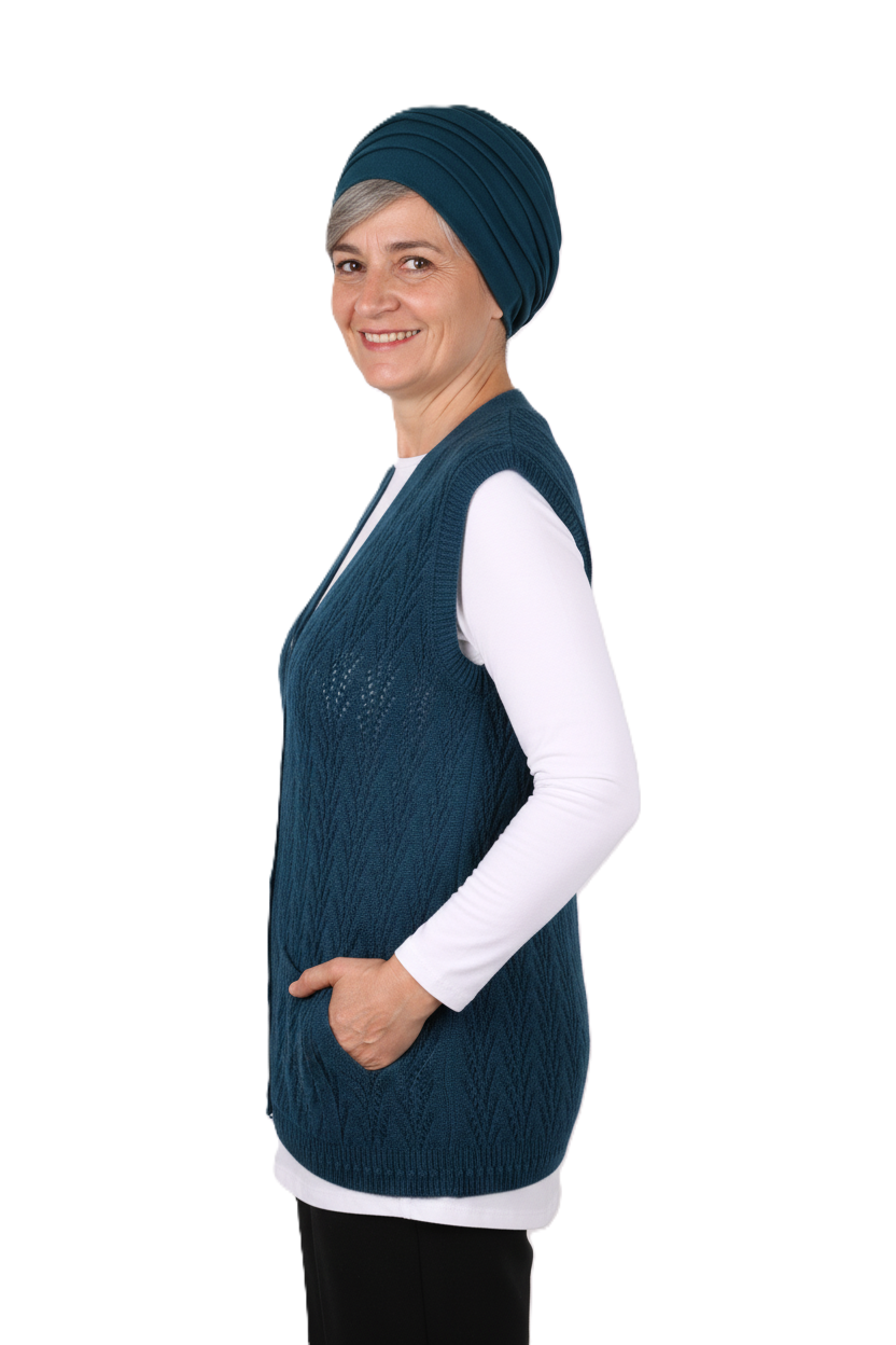 Kadın Kışlık Pamuklu Triko Klasik Örme Anne Yelek Kilim Örgü Model Önden Düğmeli Çift Cepli