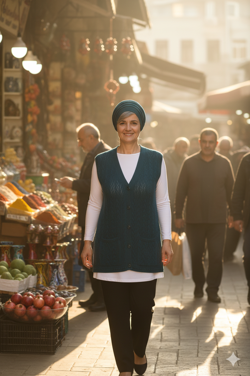 Kadın Kışlık Pamuklu Triko Klasik Örme Anne Yelek Kilim Örgü Model Önden Düğmeli Çift Cepli