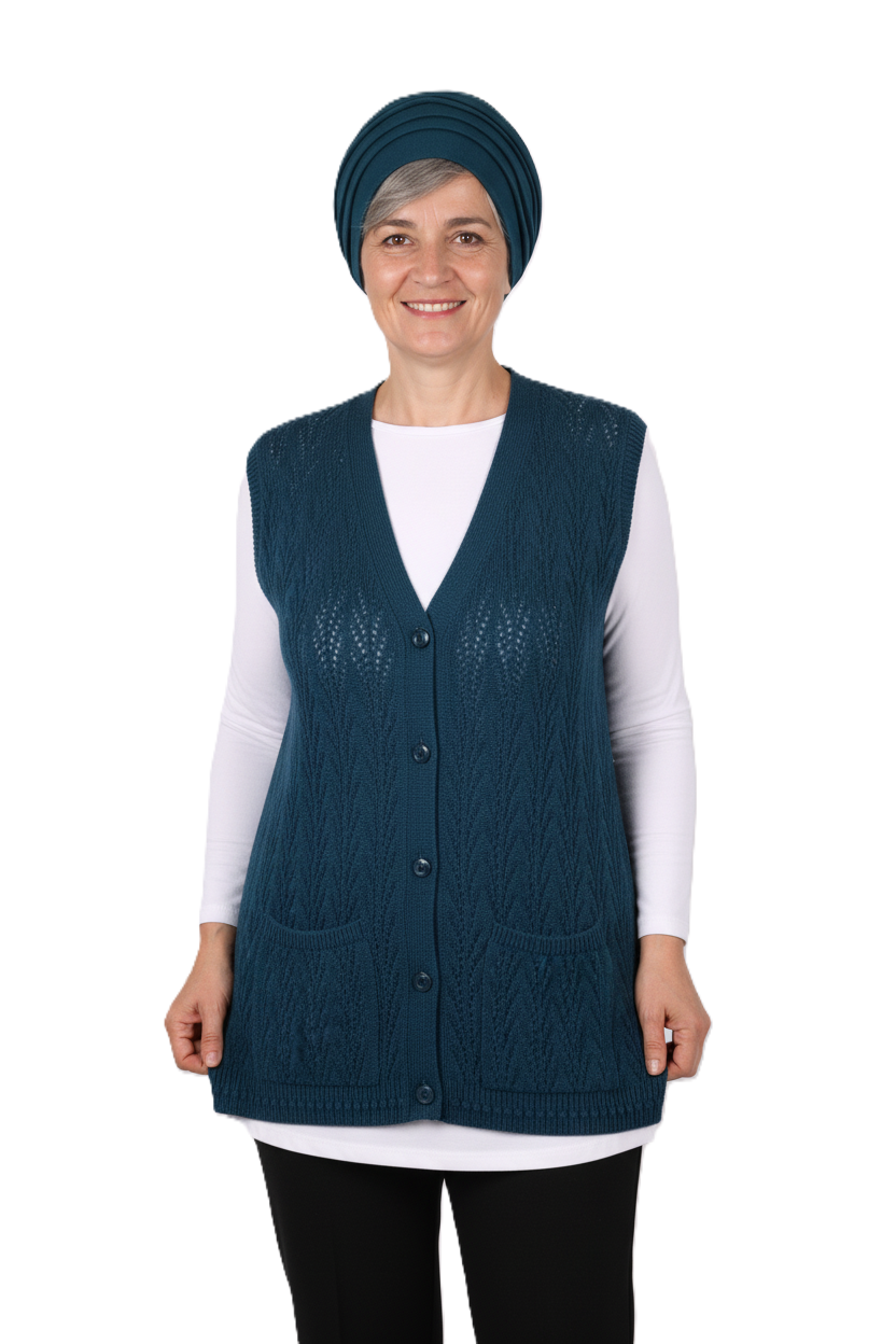 Kadın Kışlık Pamuklu Triko Klasik Örme Anne Yelek Kilim Örgü Model Önden Düğmeli Çift Cepli