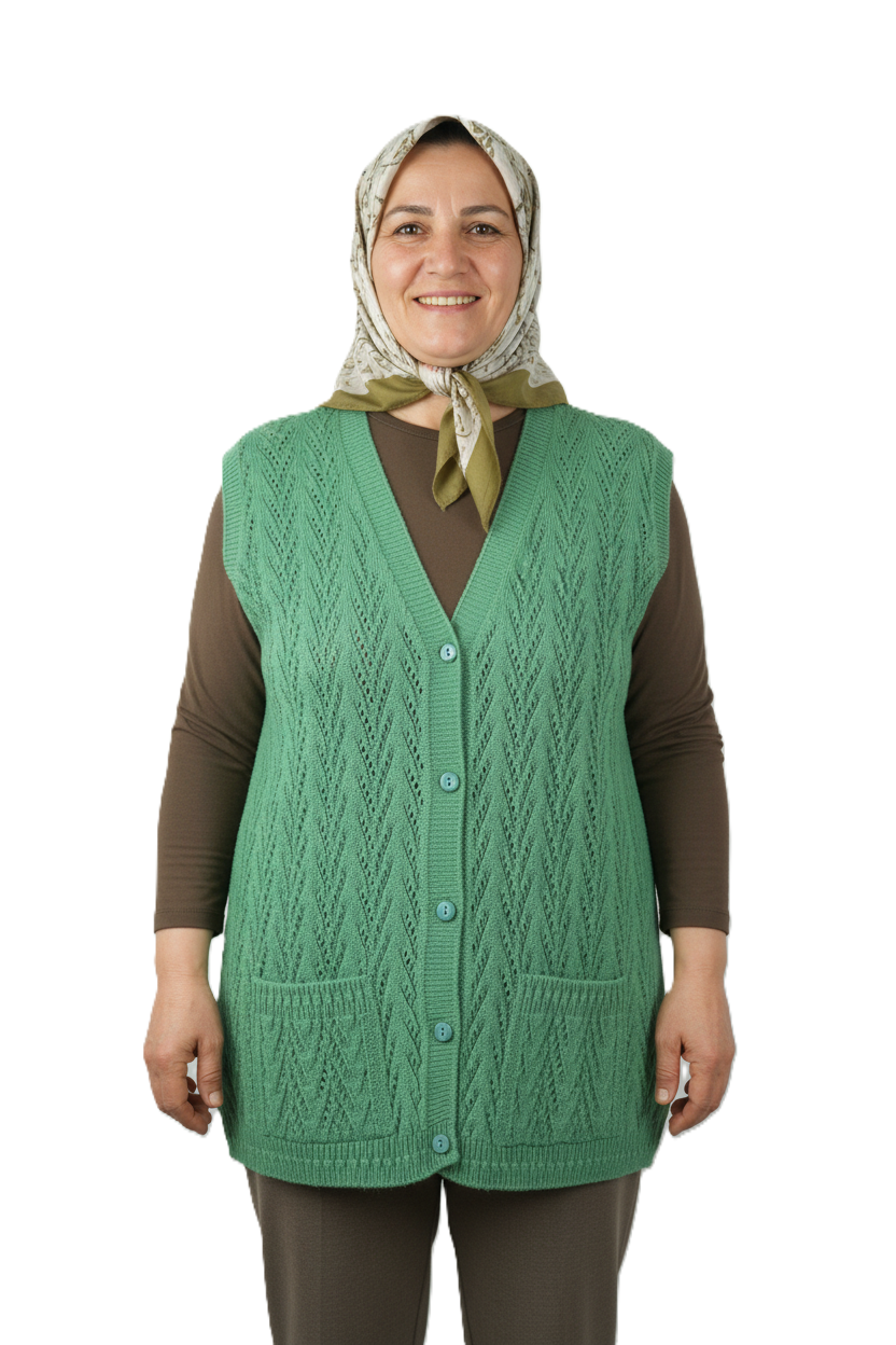 Kadın Kışlık Pamuklu Triko Klasik Örme Anne Yelek Kilim Örgü Model Önden Düğmeli Çift Cepli