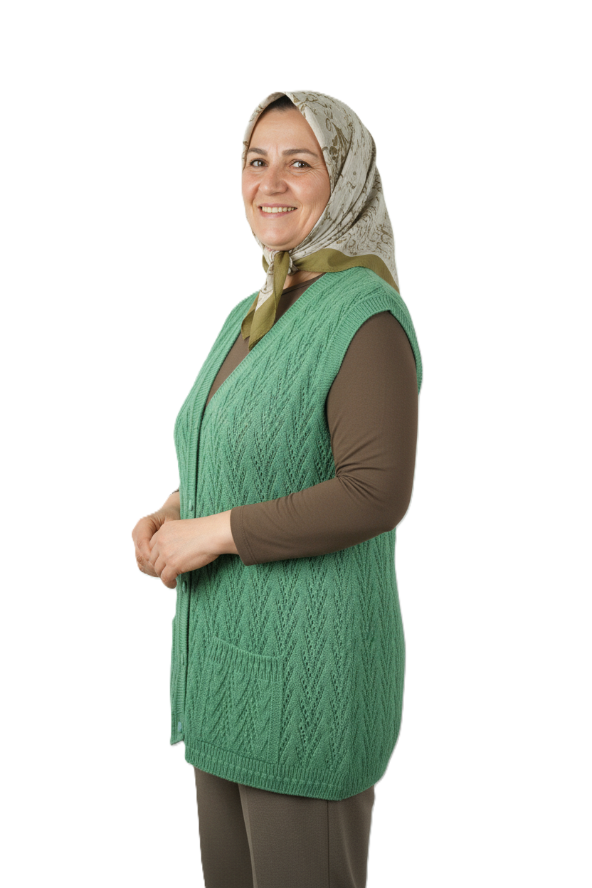 Kadın Kışlık Pamuklu Triko Klasik Örme Anne Yelek Kilim Örgü Model Önden Düğmeli Çift Cepli