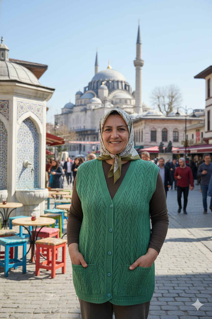 Kadın Kışlık Pamuklu Triko Klasik Örme Anne Yelek Kilim Örgü Model Önden Düğmeli Çift Cepli