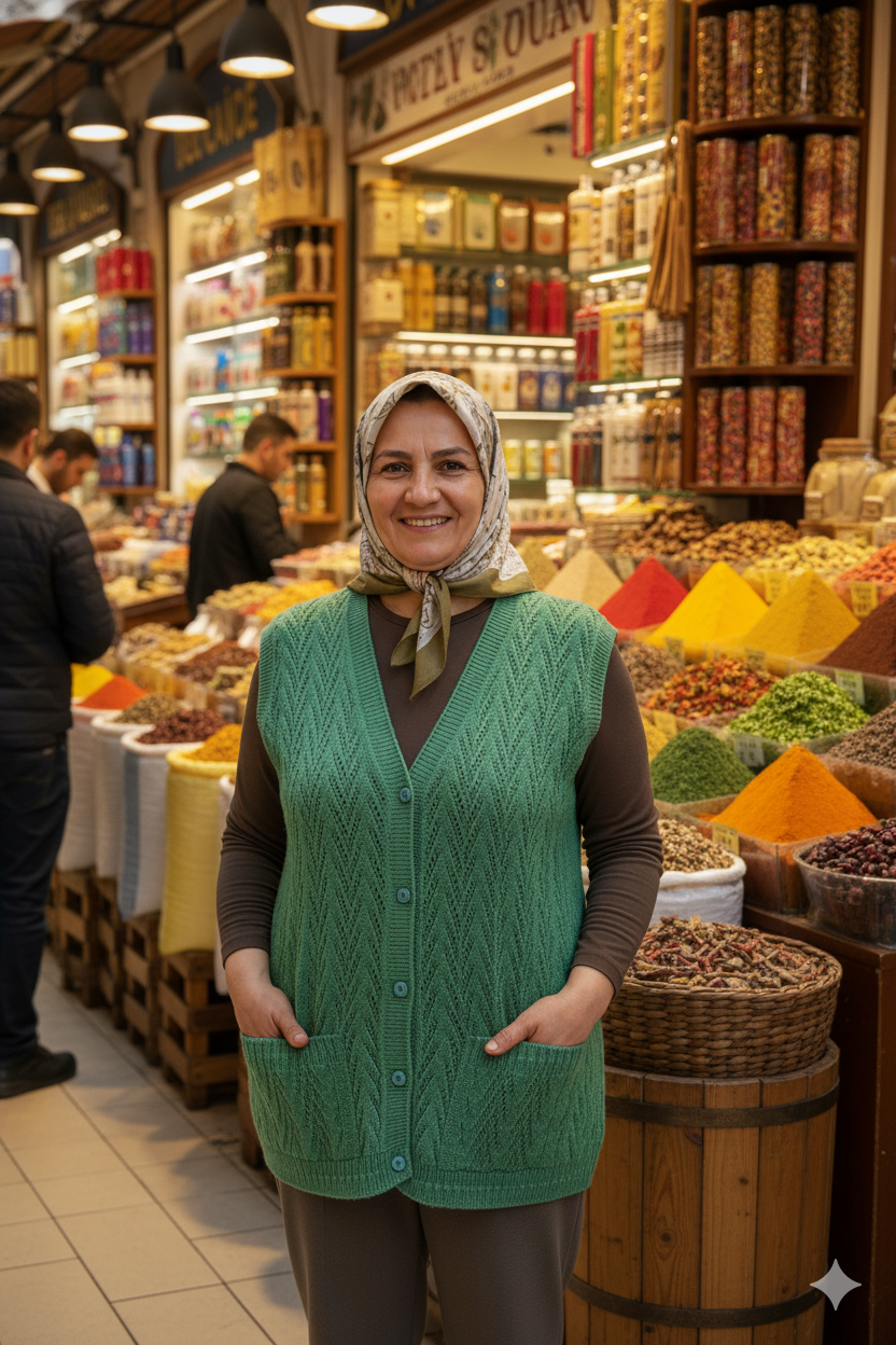 Kadın Kışlık Pamuklu Triko Klasik Örme Anne Yelek Kilim Örgü Model Önden Düğmeli Çift Cepli