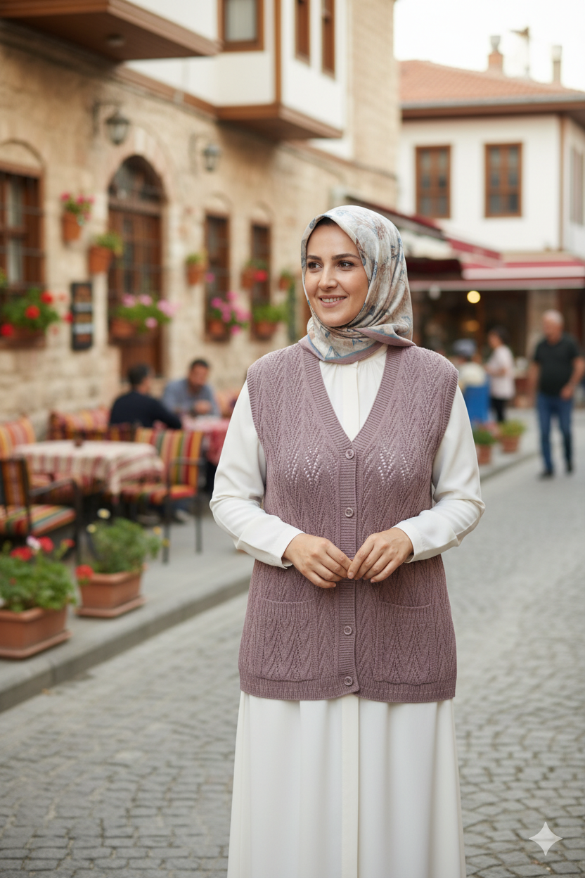 Kadın Kışlık Pamuklu Triko Klasik Örme Anne Yelek Kilim Örgü Model Önden Düğmeli Çift Cepli