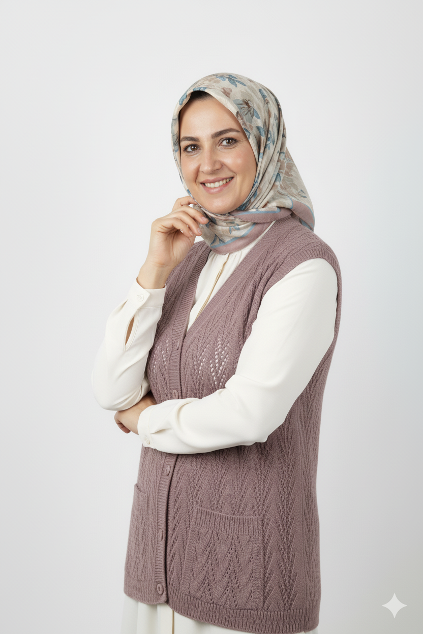 Kadın Kışlık Pamuklu Triko Klasik Örme Anne Yelek Kilim Örgü Model Önden Düğmeli Çift Cepli