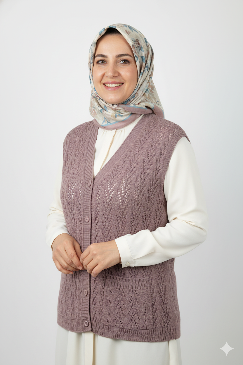 Kadın Kışlık Pamuklu Triko Klasik Örme Anne Yelek Kilim Örgü Model Önden Düğmeli Çift Cepli