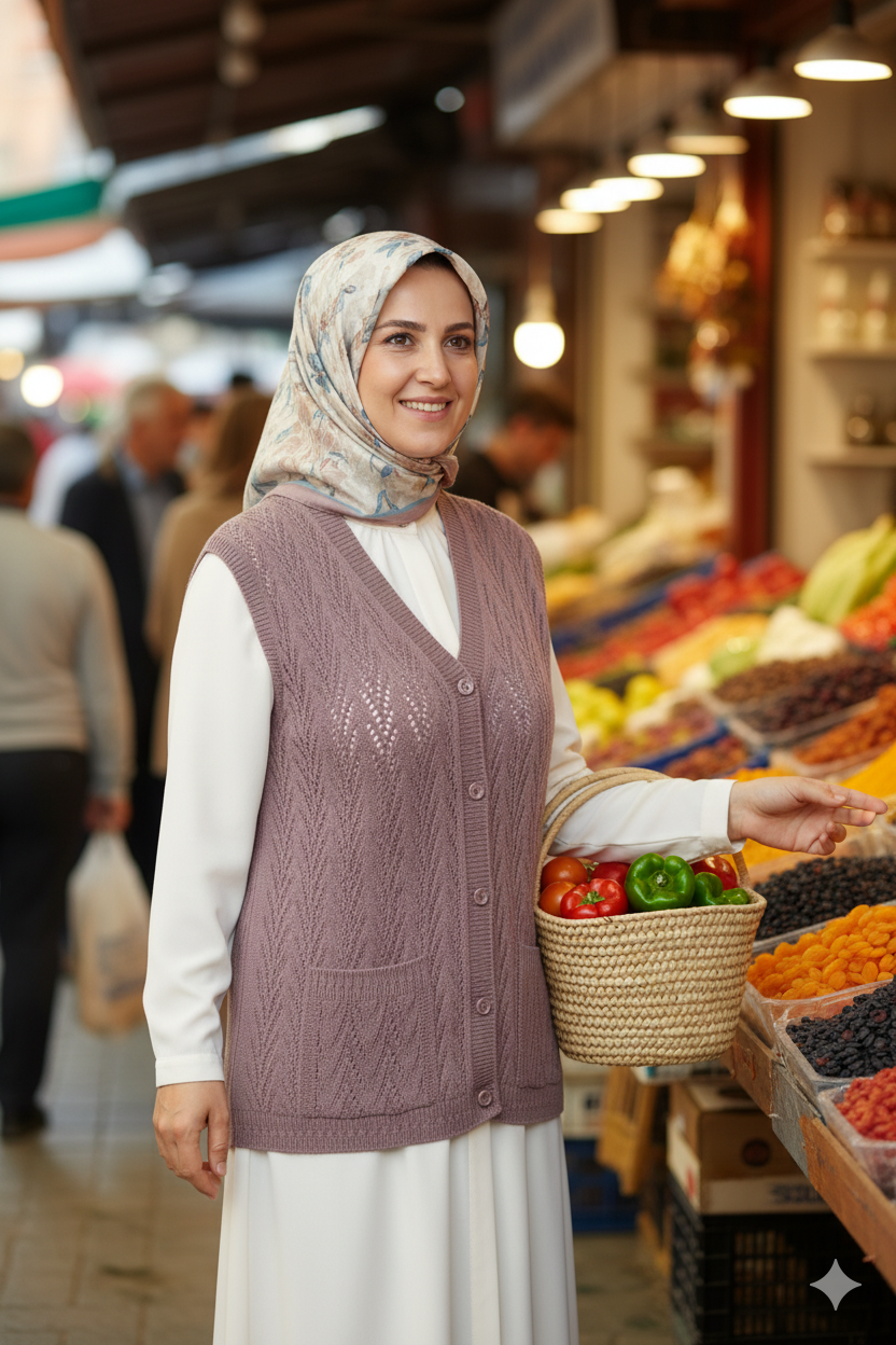 Kadın Kışlık Pamuklu Triko Klasik Örme Anne Yelek Kilim Örgü Model Önden Düğmeli Çift Cepli