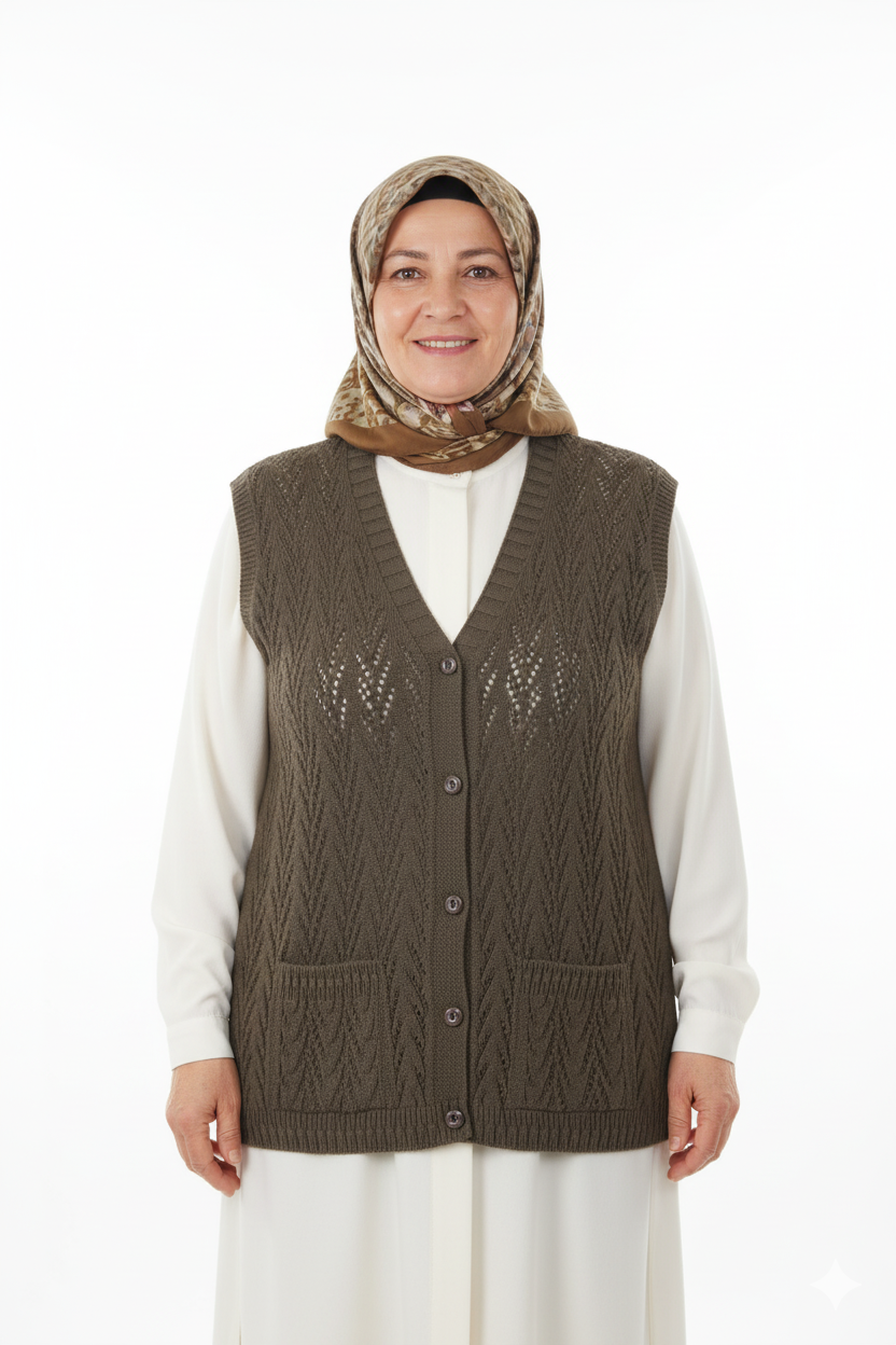 Kadın Kışlık Pamuklu Triko Klasik Örme Anne Yelek Kilim Örgü Model Önden Düğmeli Çift Cepli