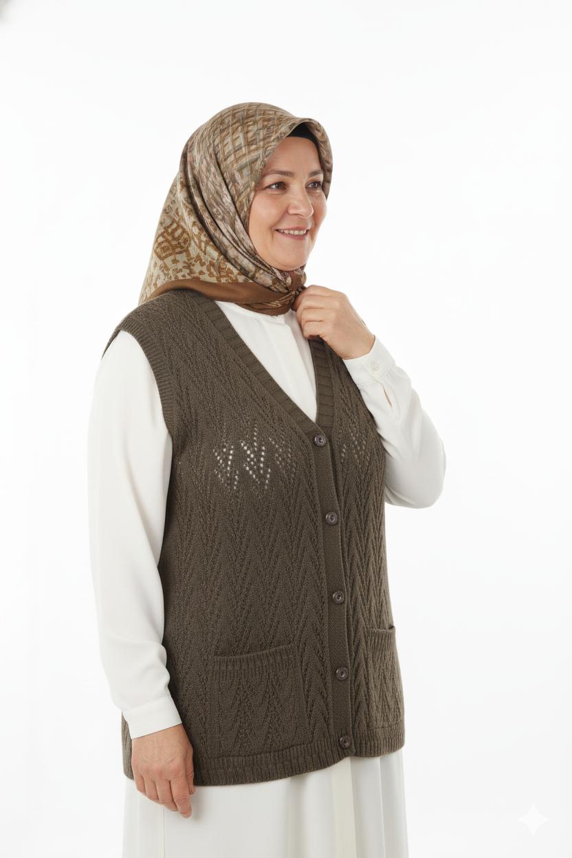 Kadın Kışlık Pamuklu Triko Klasik Örme Anne Yelek Kilim Örgü Model Önden Düğmeli Çift Cepli