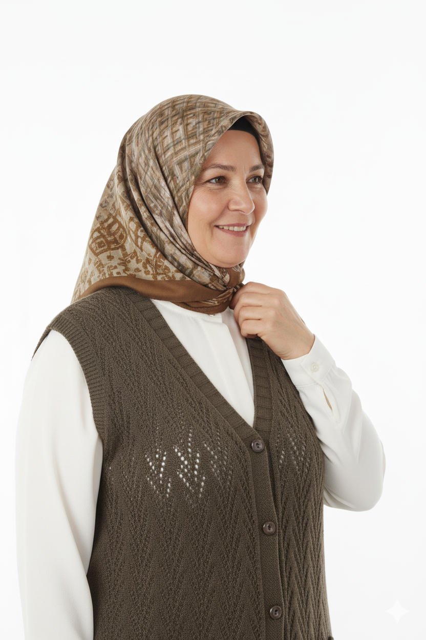 Kadın Kışlık Pamuklu Triko Klasik Örme Anne Yelek Kilim Örgü Model Önden Düğmeli Çift Cepli