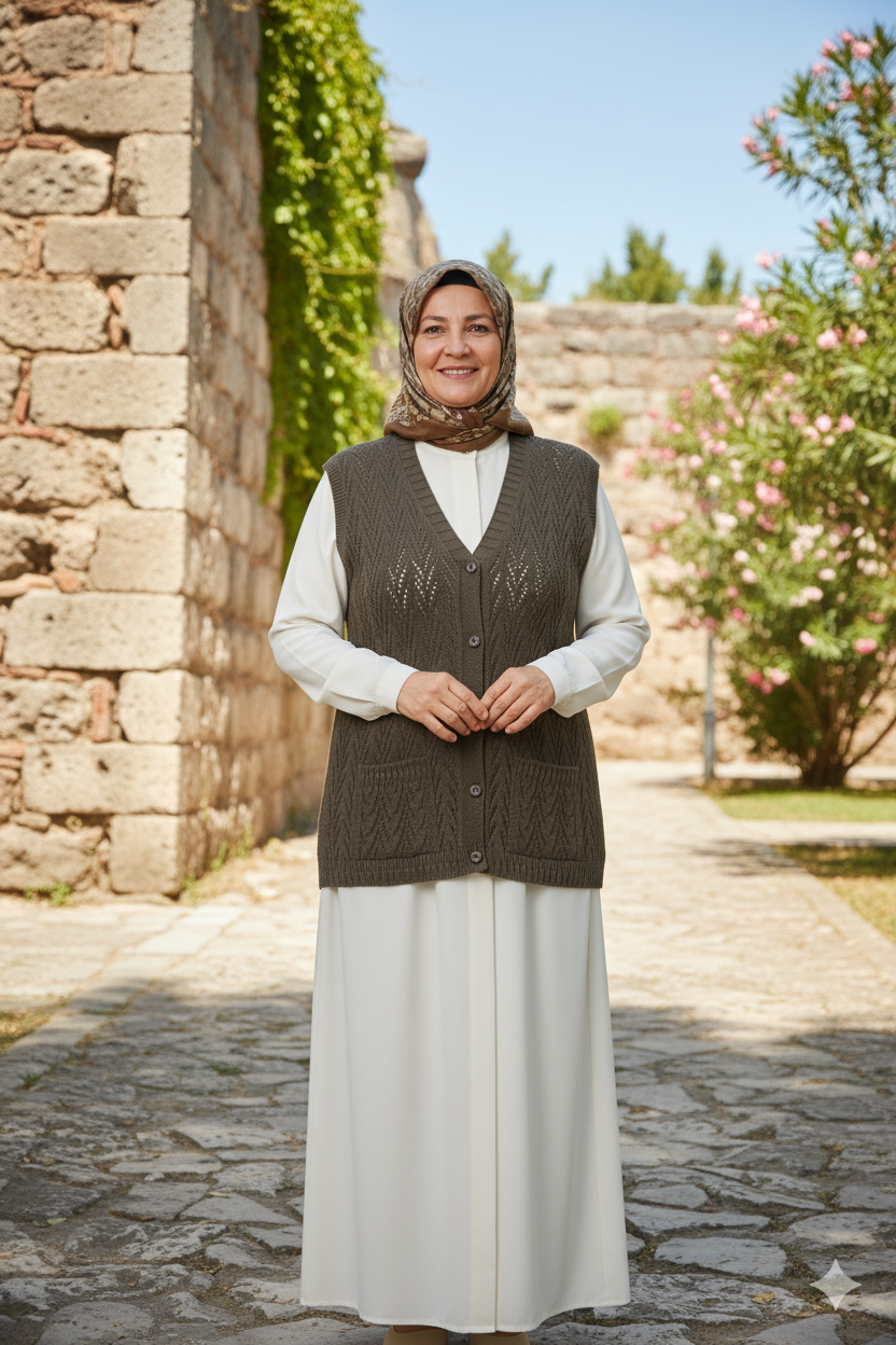 Kadın Kışlık Pamuklu Triko Klasik Örme Anne Yelek Kilim Örgü Model Önden Düğmeli Çift Cepli