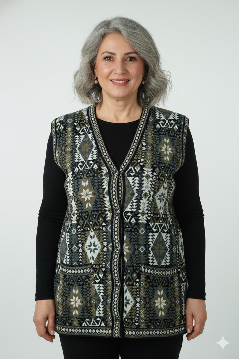 Oppland Kadın Kışlık Anne Yelek Pamuklu Triko Örme Etnik Desenli Cepli Düğmeli Yumuşak Dokulu Rahat Tam Kalıp