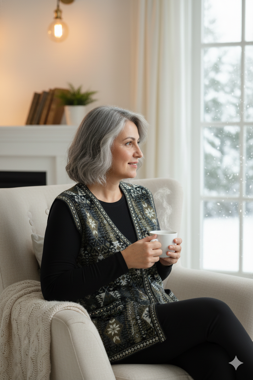 Oppland Kadın Kışlık Anne Yelek Pamuklu Triko Örme Etnik Desenli Cepli Düğmeli Yumuşak Dokulu Rahat Tam Kalıp