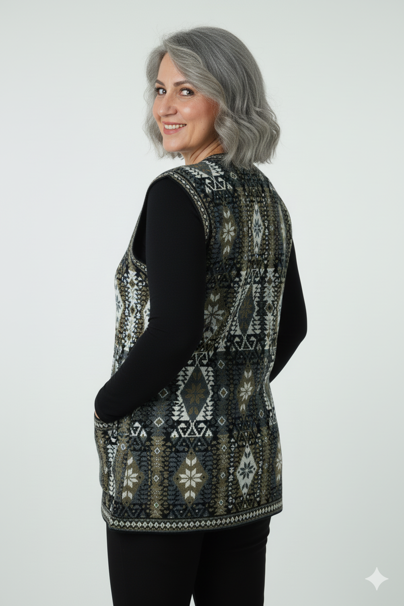 Oppland Kadın Kışlık Anne Yelek Pamuklu Triko Örme Etnik Desenli Cepli Düğmeli Yumuşak Dokulu Rahat Tam Kalıp