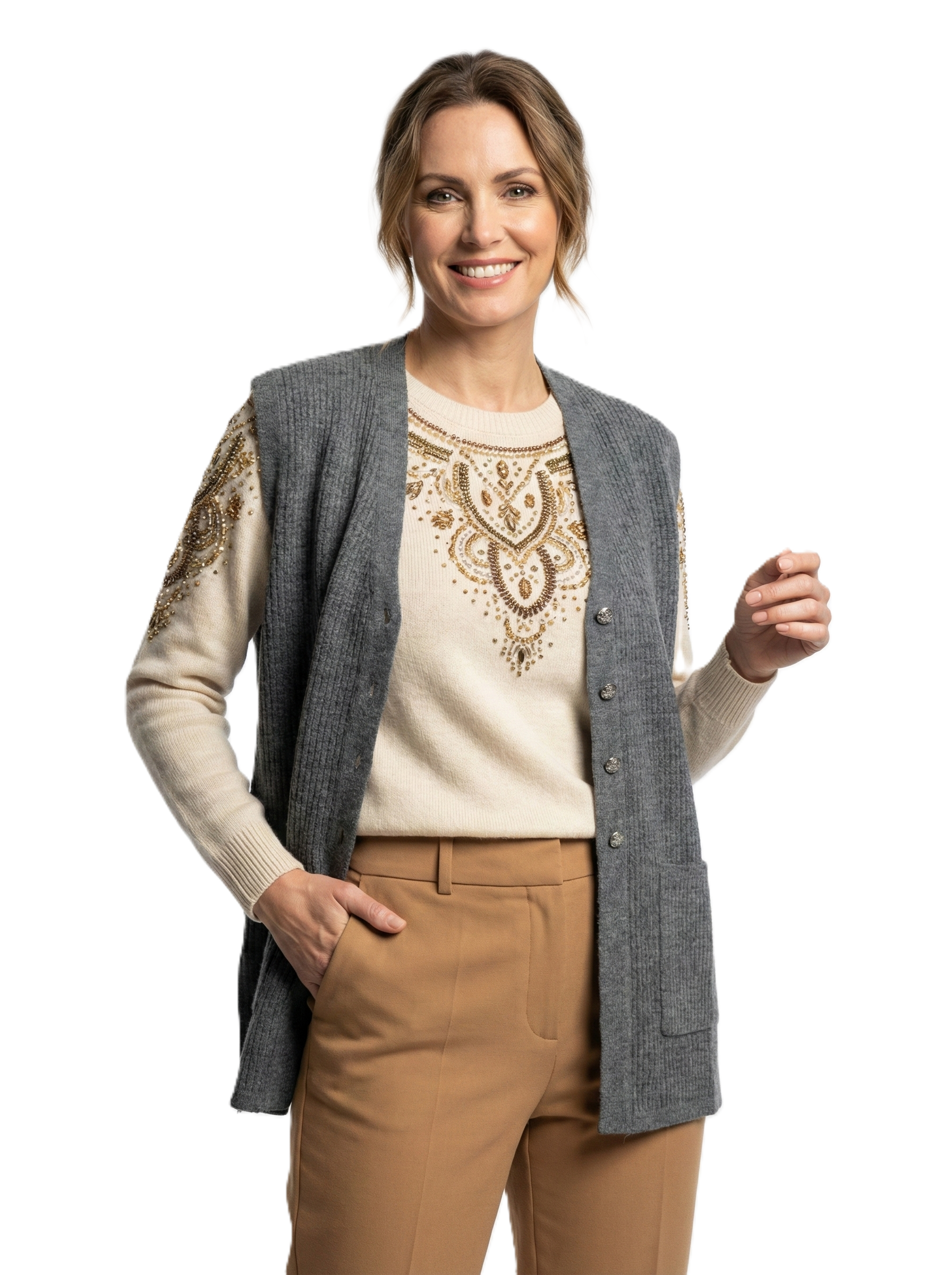 Oppland Kadın Anne Yelek Çift Cepli Önü Şık Düğmeli Fitil Motifli