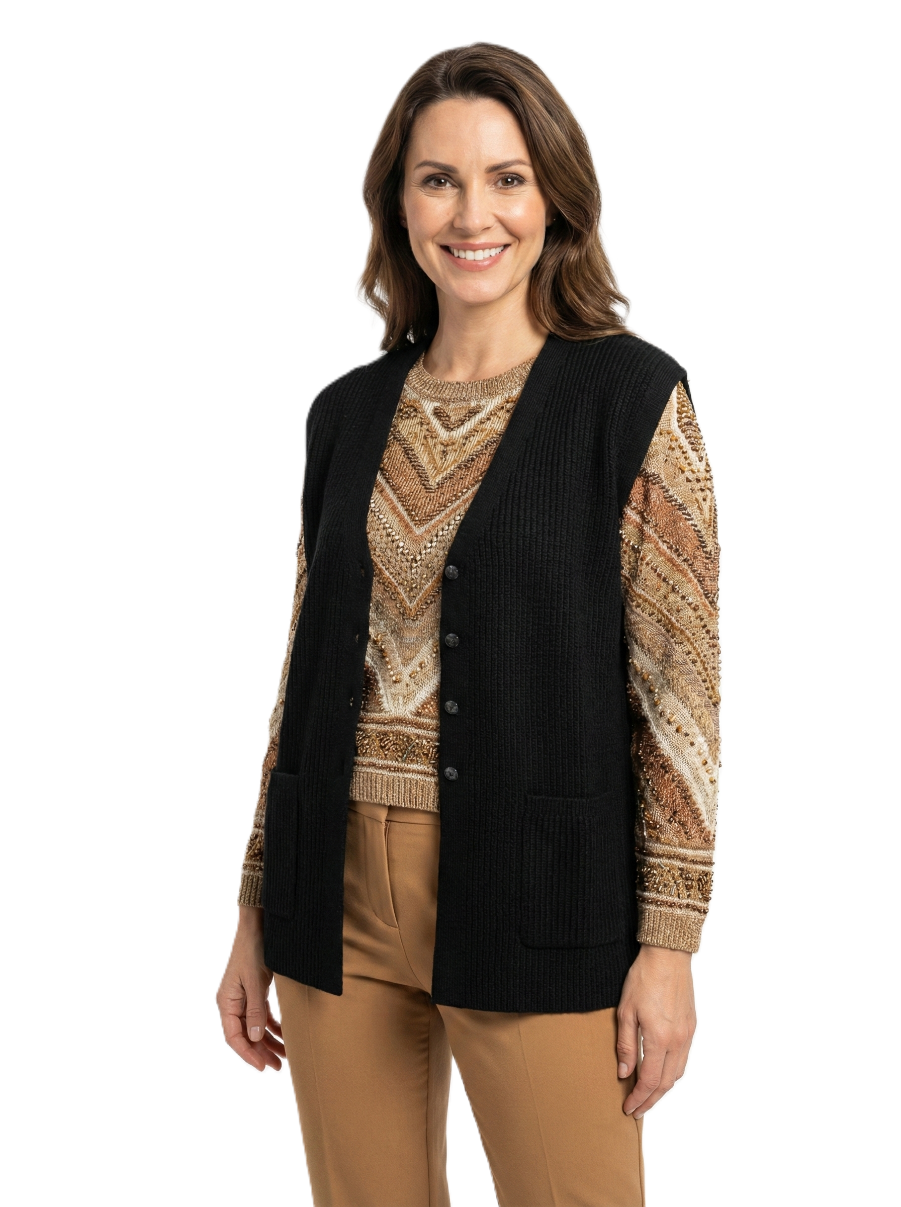 Oppland Kadın Anne Yelek Çift Cepli Önü Şık Düğmeli Fitil Motifli