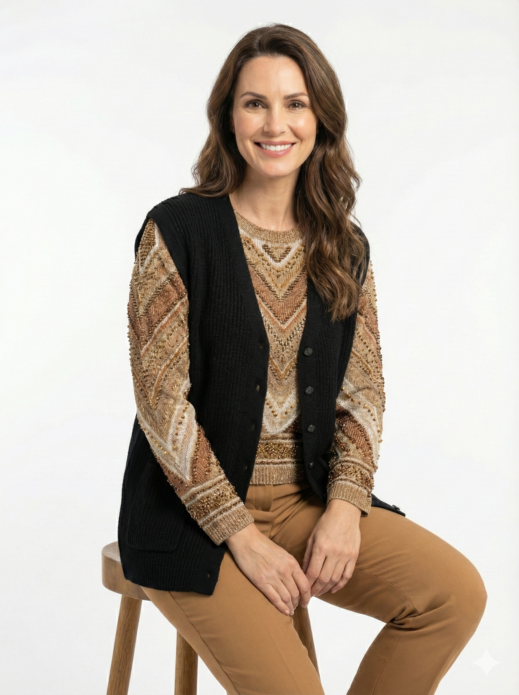 Oppland Kadın Anne Yelek Çift Cepli Önü Şık Düğmeli Fitil Motifli