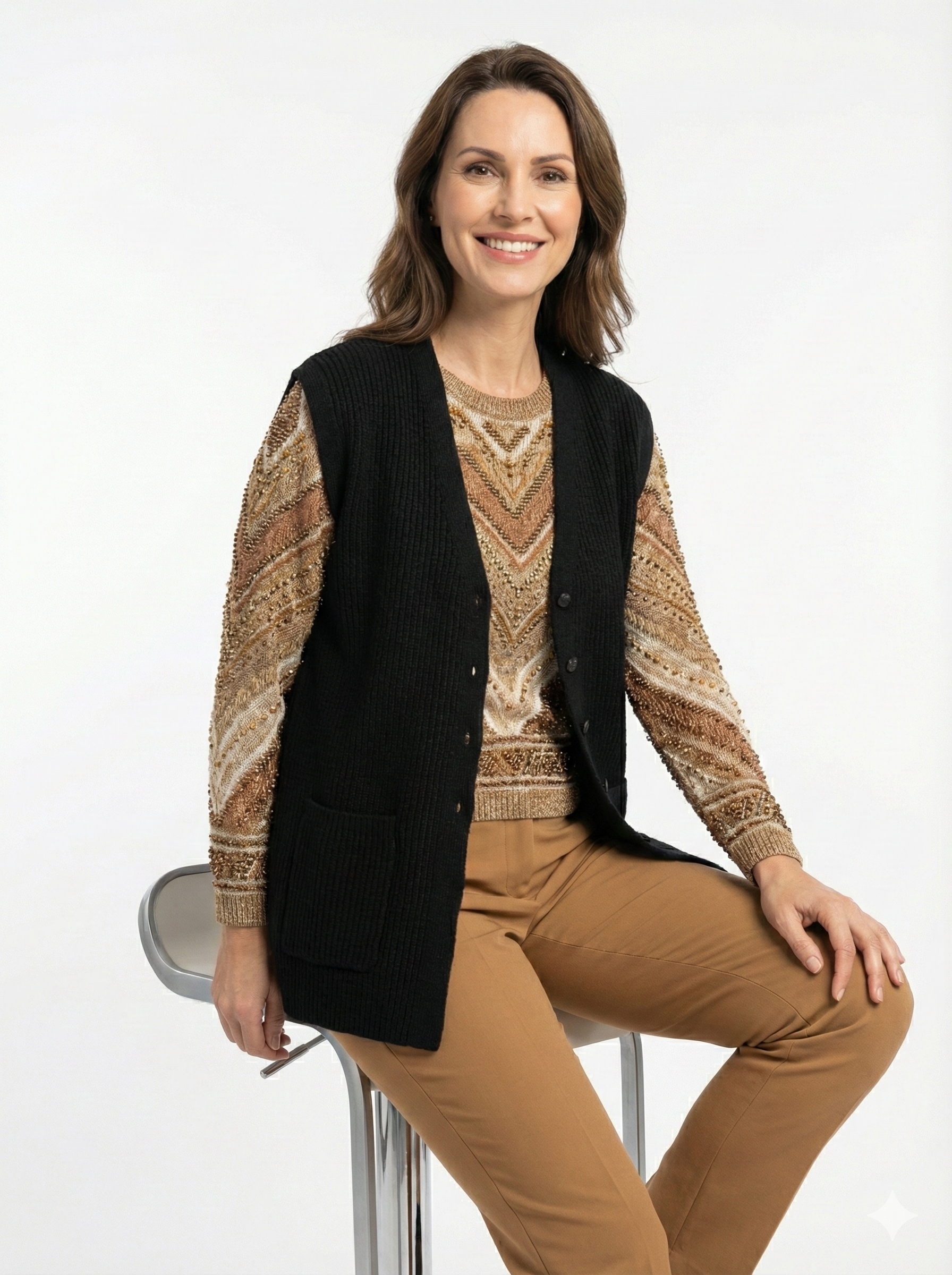 Oppland Kadın Anne Yelek Çift Cepli Önü Şık Düğmeli Fitil Motifli