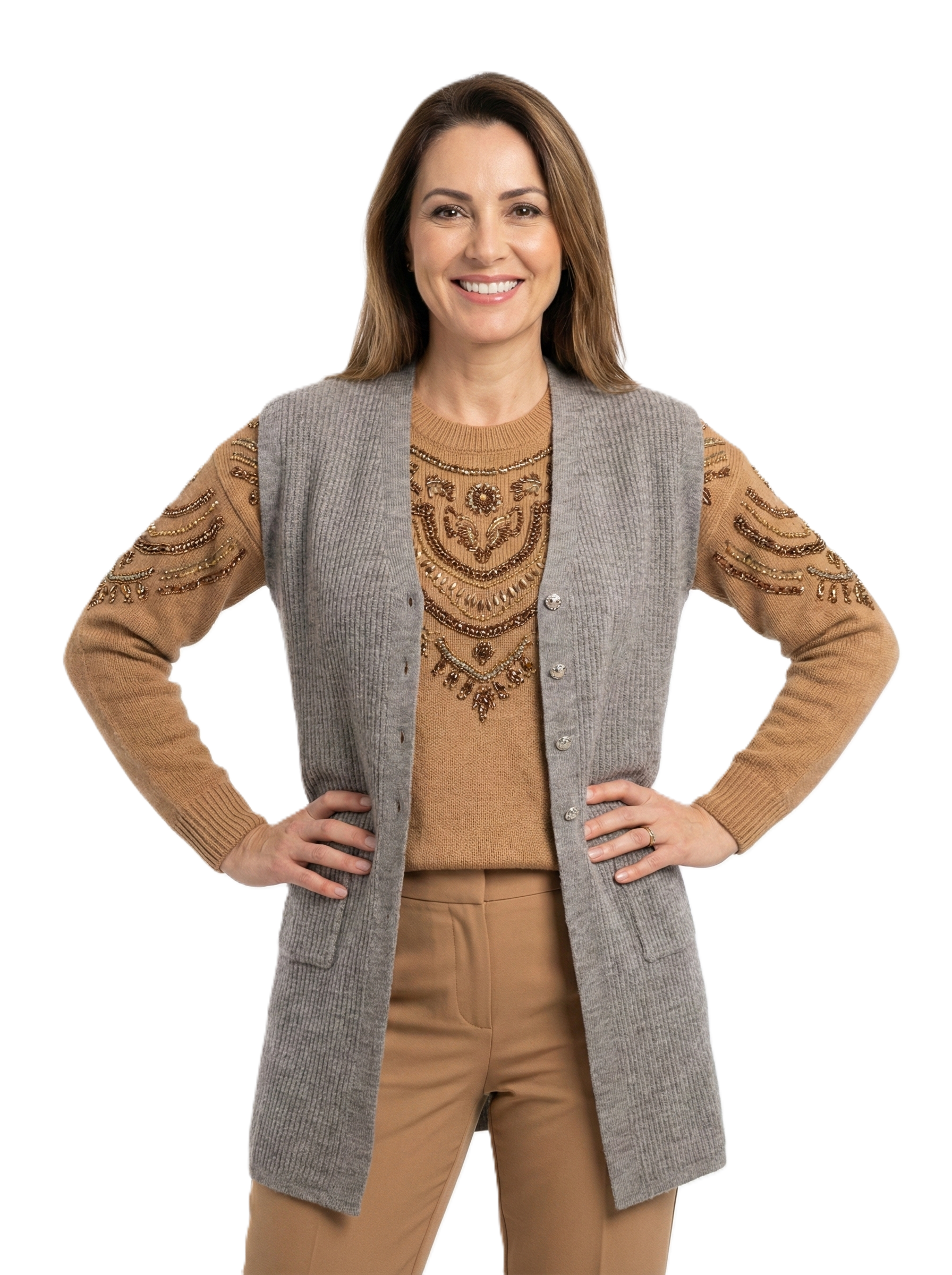 Oppland Kadın Anne Uzun Yelek Çift Cepli Önü Şık Düğmeli Fitil Doku Motifli