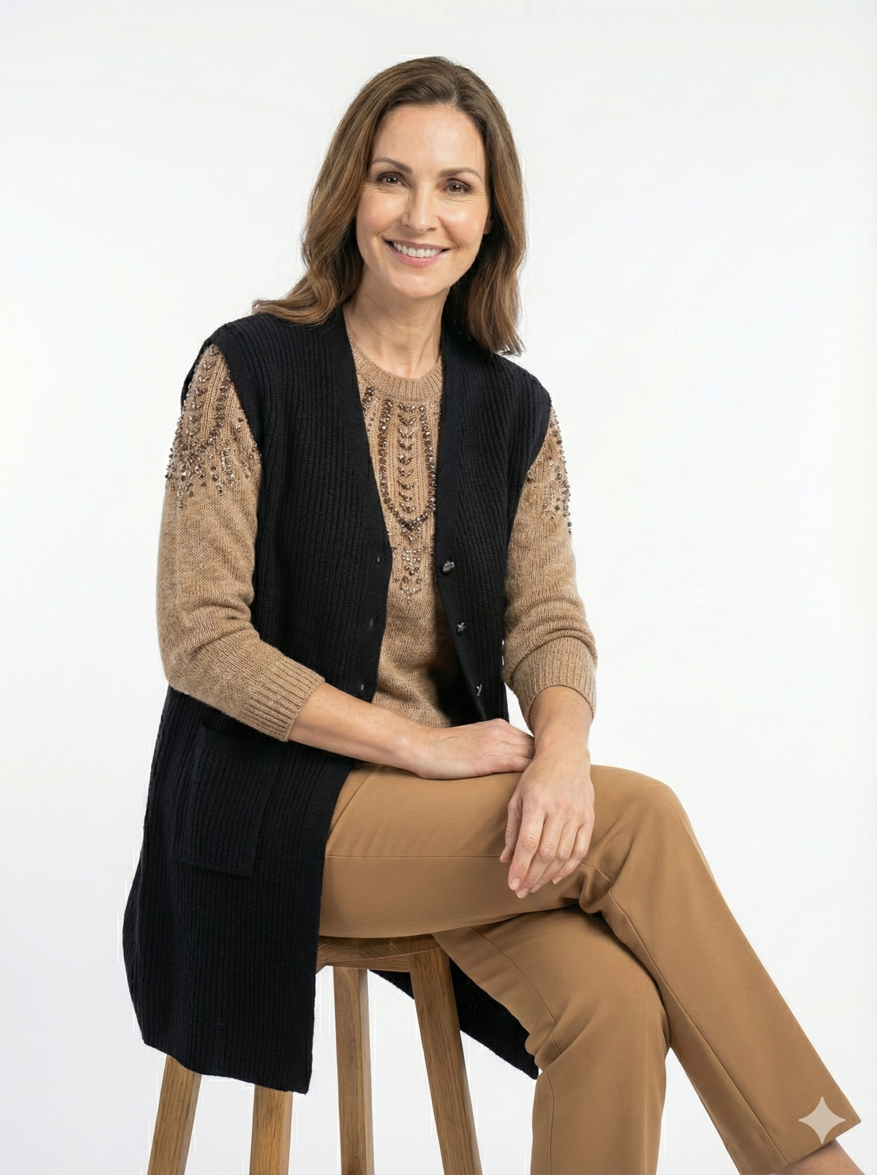 Oppland Kadın Anne Uzun Yelek Çift Cepli Önü Şık Düğmeli Fitil Doku Motifli