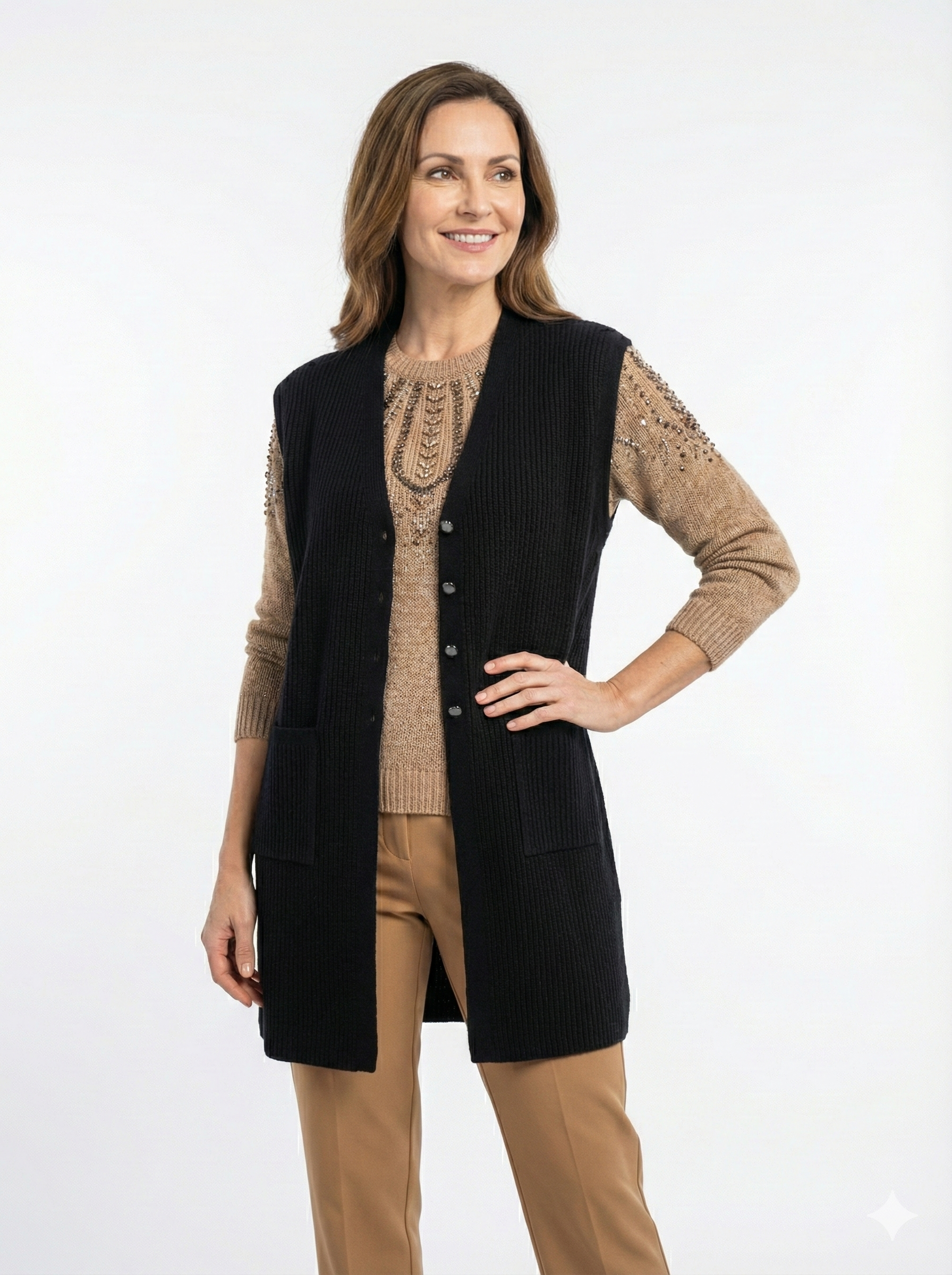 Oppland Kadın Anne Uzun Yelek Çift Cepli Önü Şık Düğmeli Fitil Doku Motifli