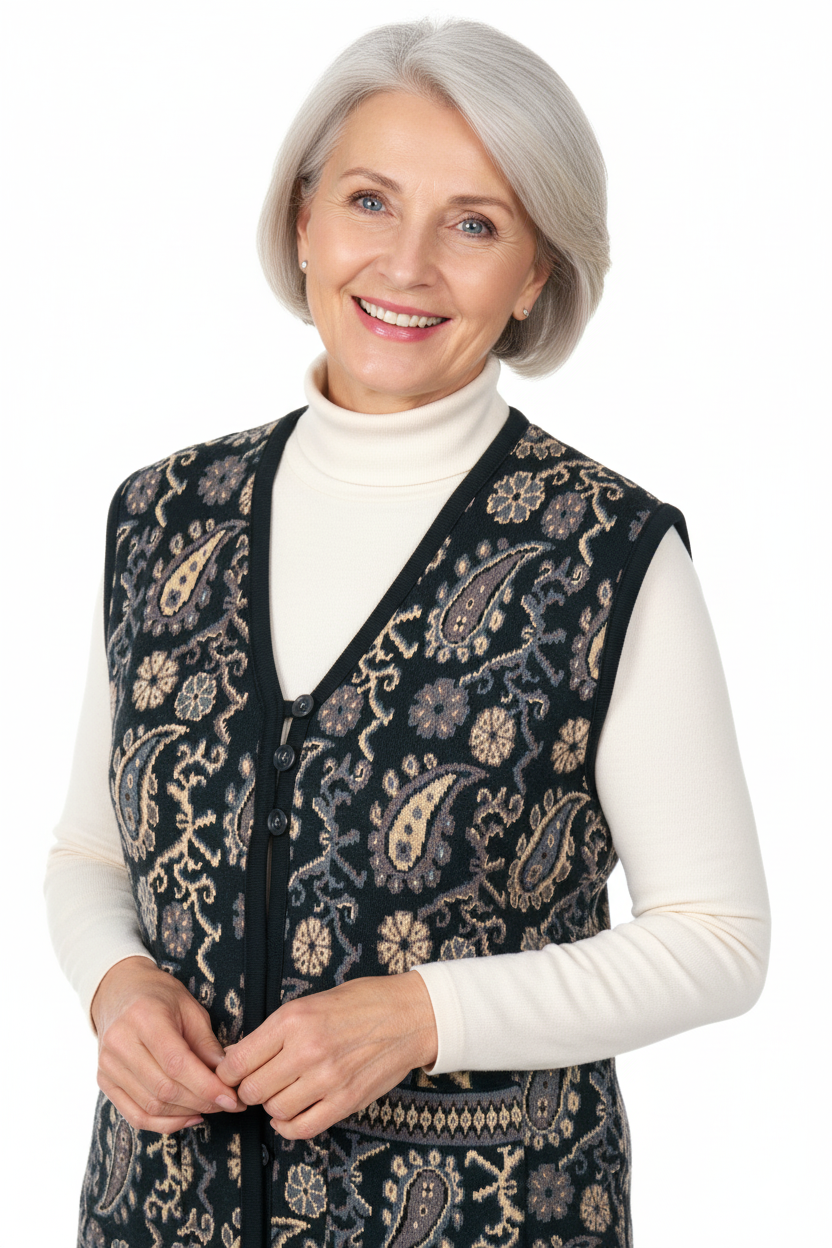 Oppland Kadın Kışlık Anne Yelek Pamuklu Triko Örme Anadolu Desenli Cepli Düğmeli Yumuşak Dokulu Rahat Tam Kalıp