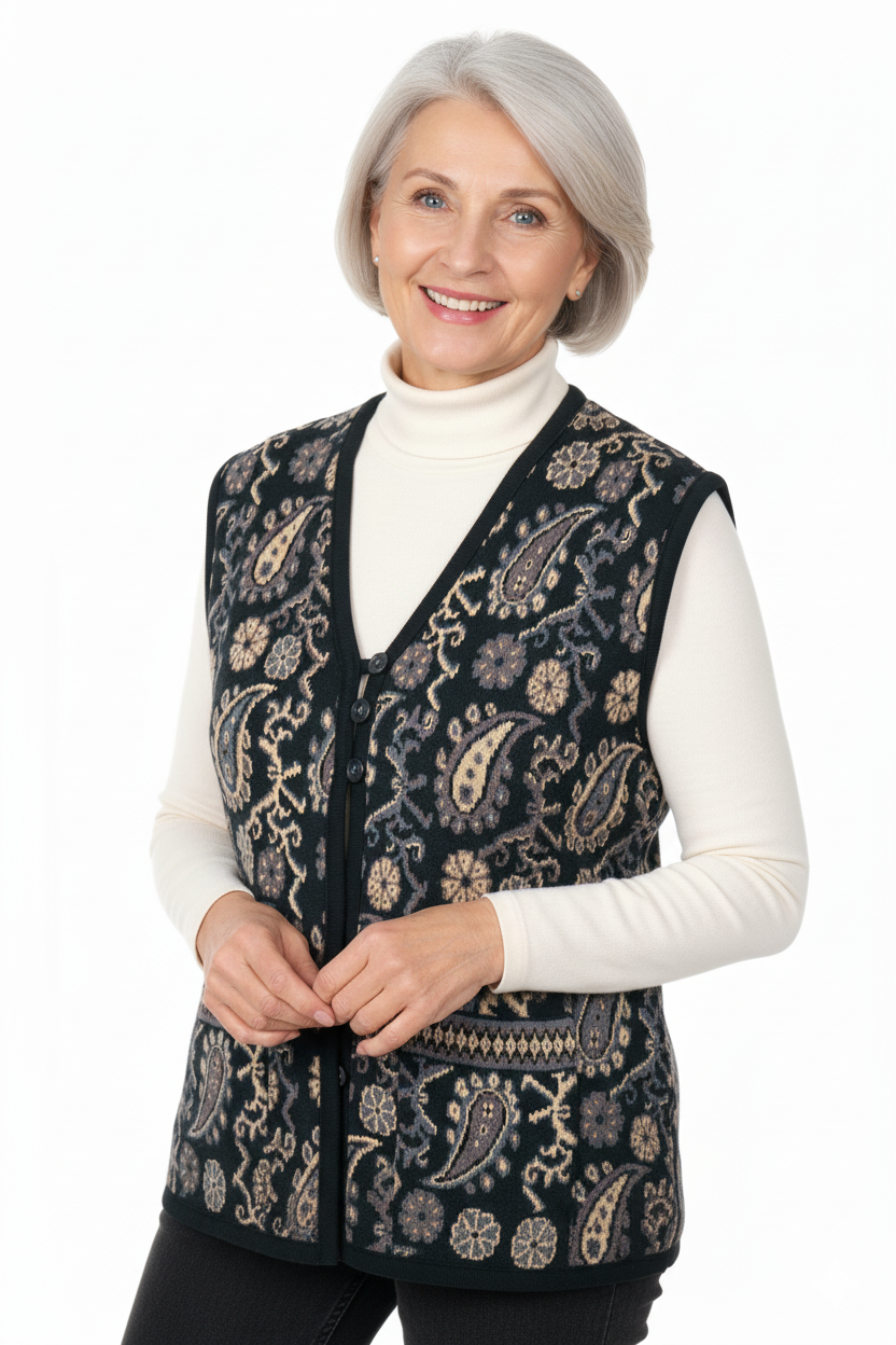 Oppland Kadın Kışlık Anne Yelek Pamuklu Triko Örme Anadolu Desenli Cepli Düğmeli Yumuşak Dokulu Rahat Tam Kalıp