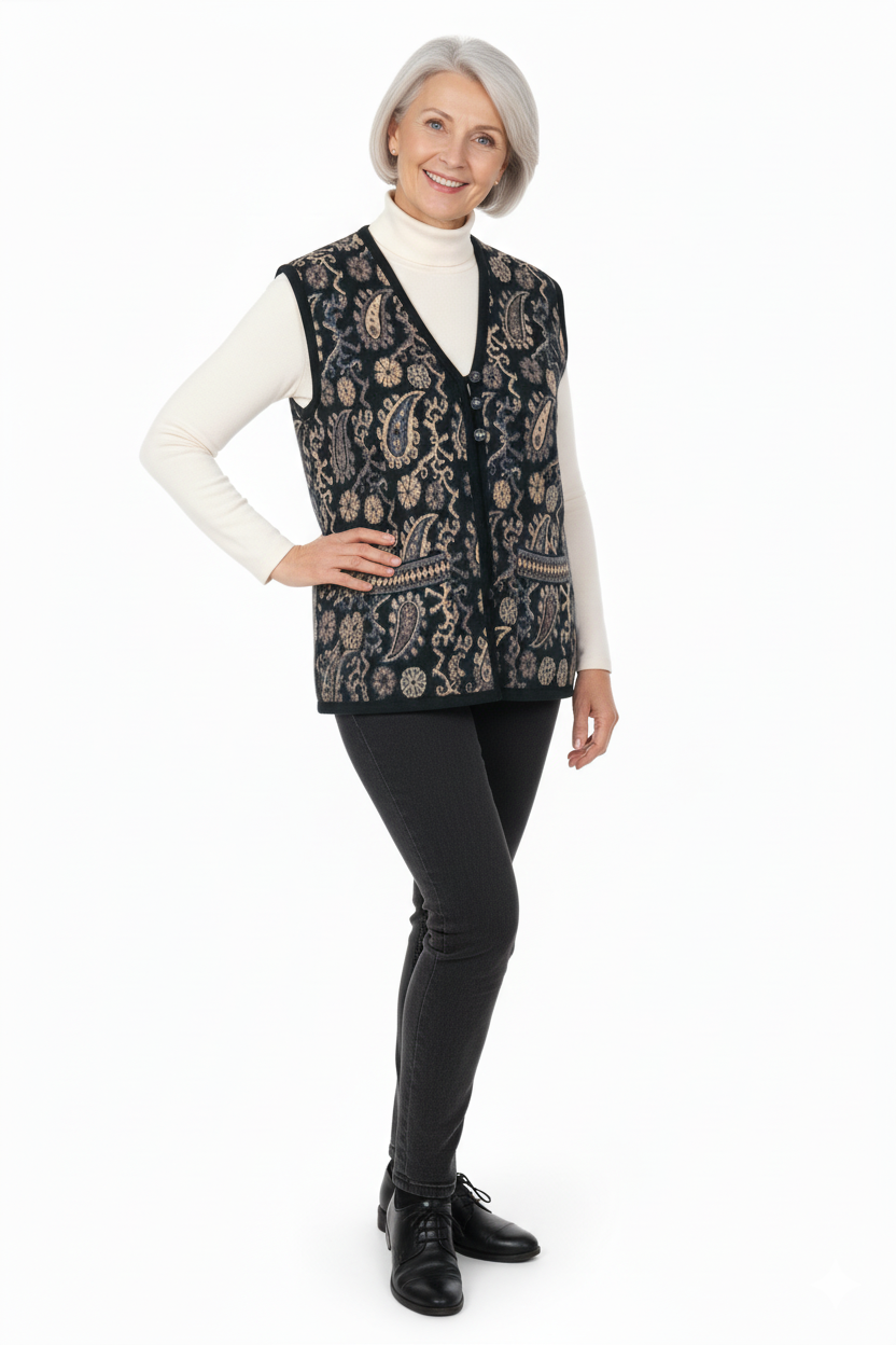 Oppland Kadın Kışlık Anne Yelek Pamuklu Triko Örme Anadolu Desenli Cepli Düğmeli Yumuşak Dokulu Rahat Tam Kalıp