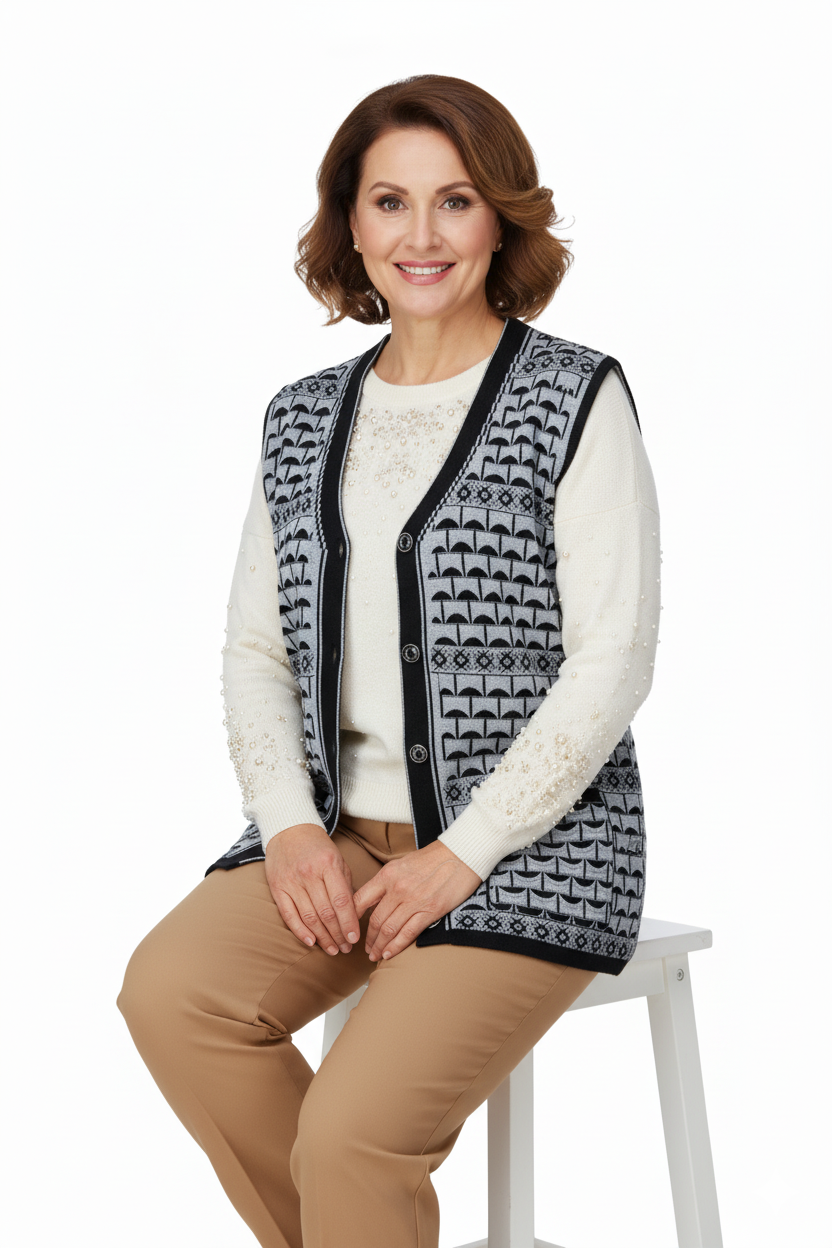 Kadın Kışlık Anne Yelek Pamuklu Triko Örme Şirin Simli Önden Düğmeli Çift Cepli Rahat Kesim