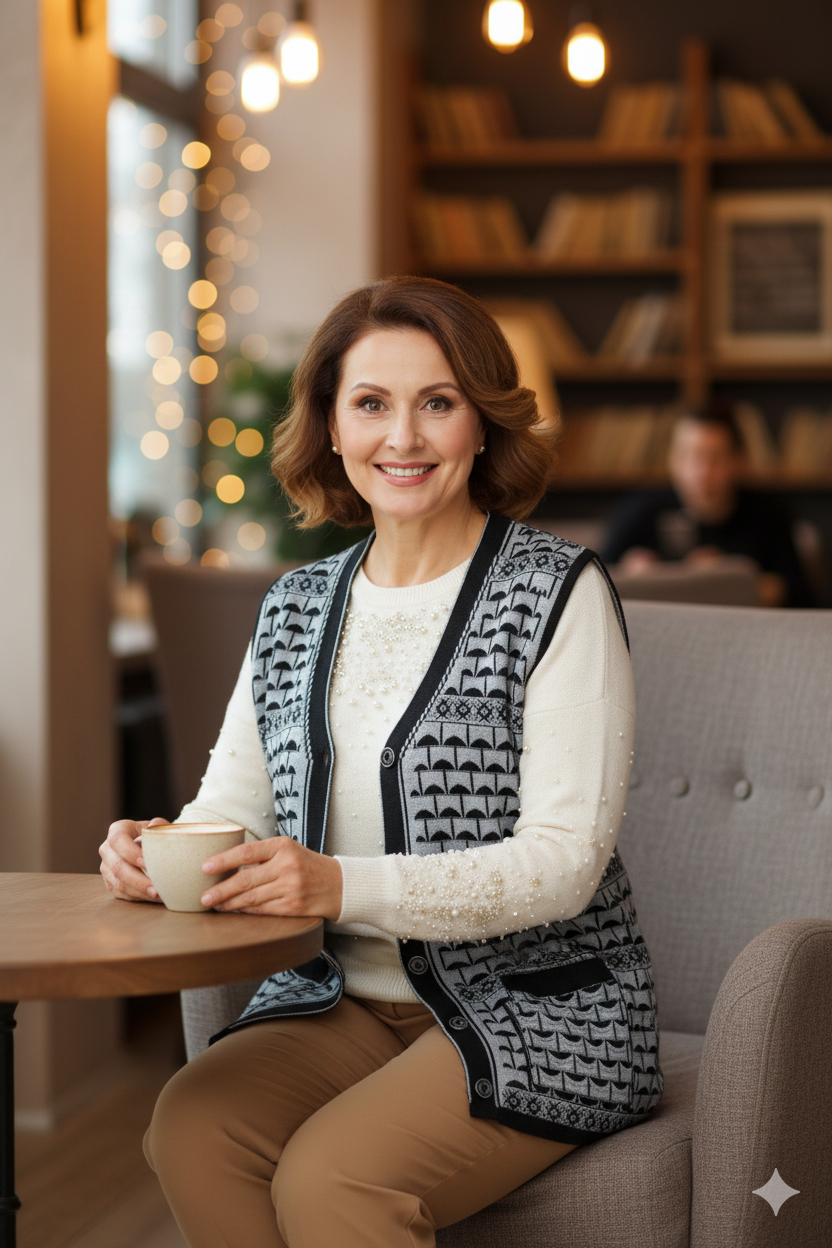 Kadın Kışlık Anne Yelek Pamuklu Triko Örme Şirin Simli Önden Düğmeli Çift Cepli Rahat Kesim