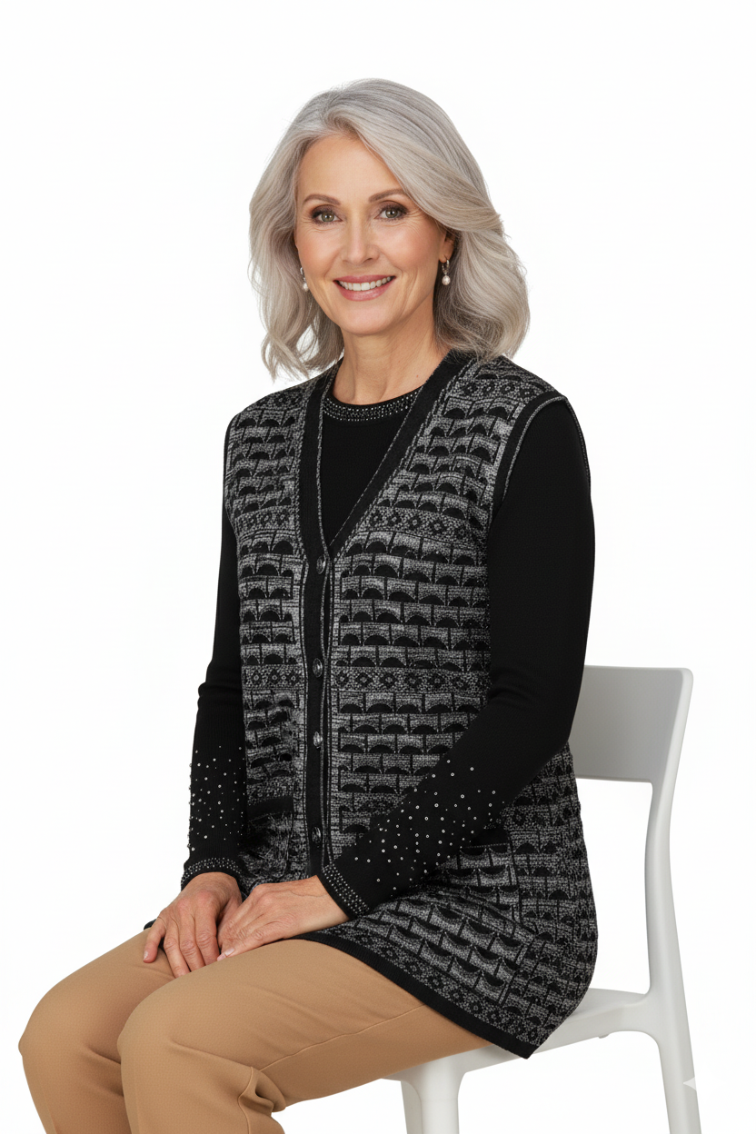 Kadın Kışlık Anne Yelek Pamuklu Triko Örme Şirin Simli Önden Düğmeli Çift Cepli Rahat Kesim