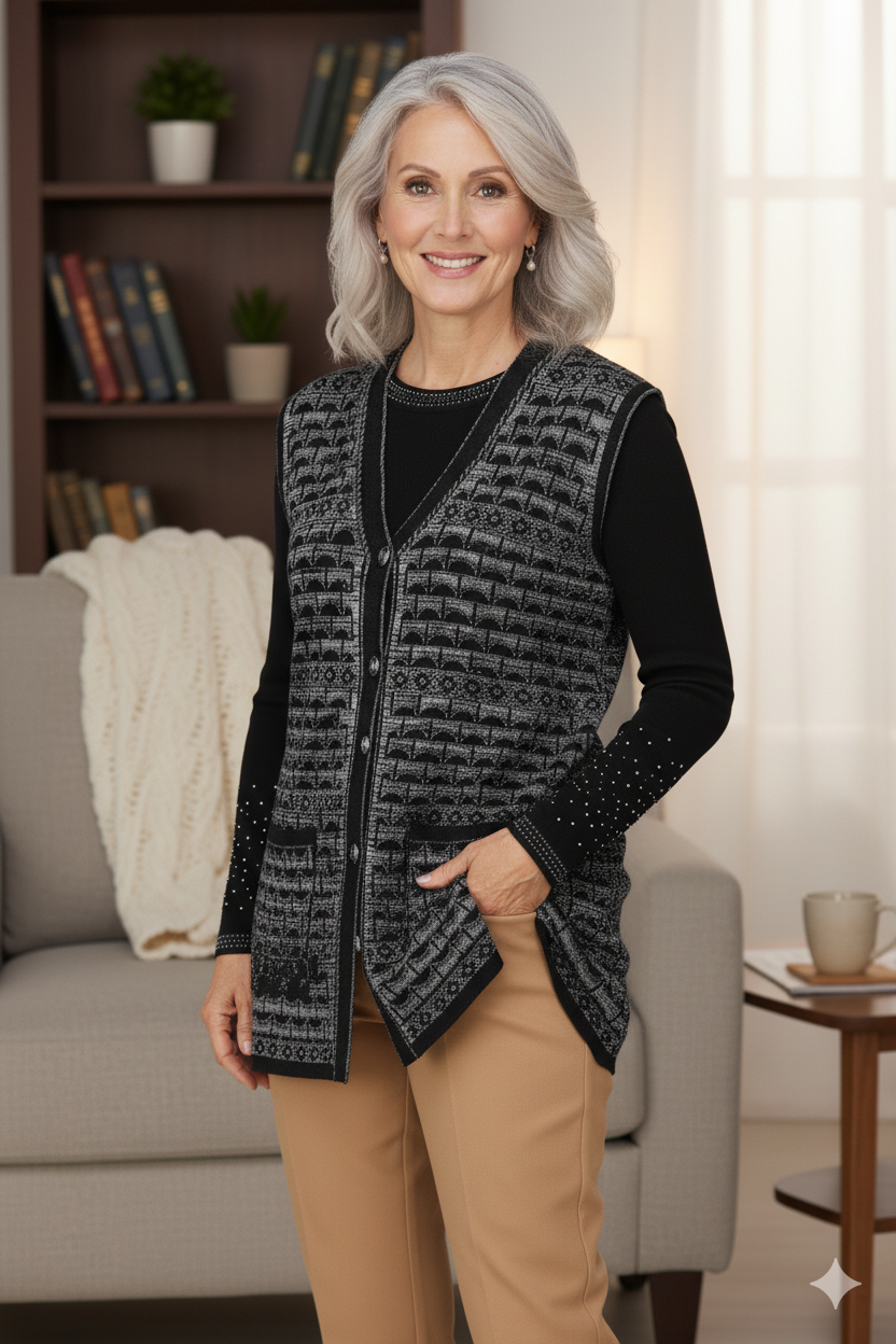 Kadın Kışlık Anne Yelek Pamuklu Triko Örme Şirin Simli Önden Düğmeli Çift Cepli Rahat Kesim