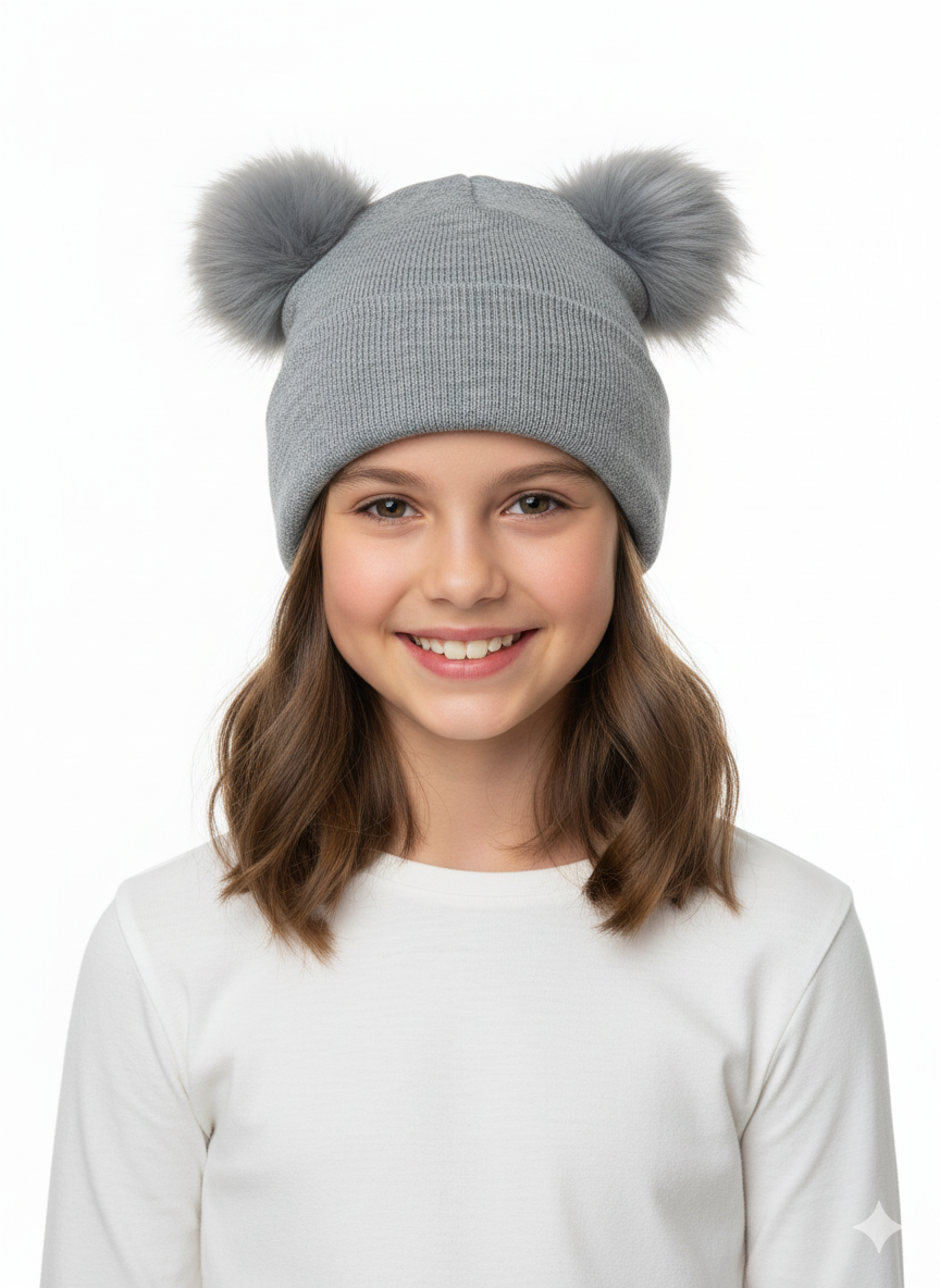 Oppland Kız Çocuk Kışlık Kalın Bere Çift Ponpon Model Pamuklu Katlamalı Sıcak Tutar Esnek Rüzgar Geçirmez Rahat Tasarım