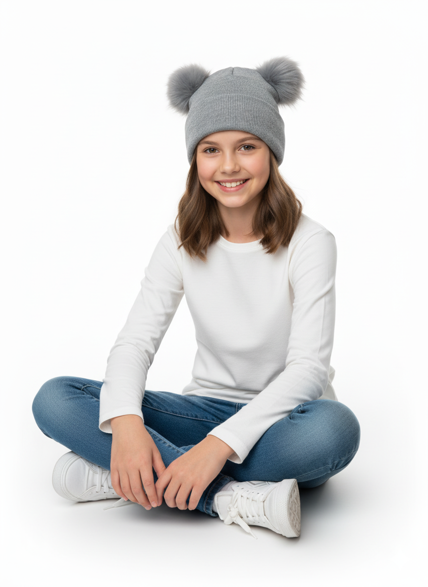 Oppland Kız Çocuk Kışlık Kalın Bere Çift Ponpon Model Pamuklu Katlamalı Sıcak Tutar Esnek Rüzgar Geçirmez Rahat Tasarım