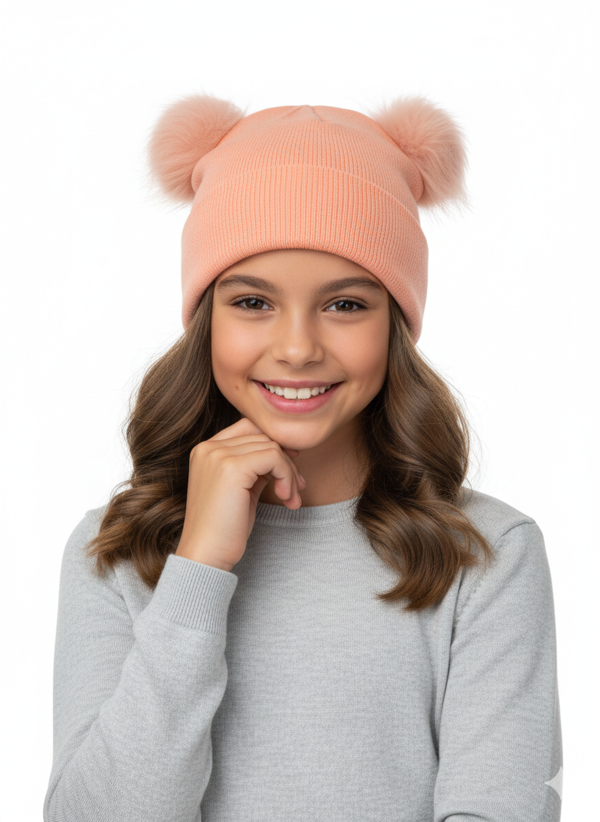 Oppland Kız Çocuk Kışlık Kalın Bere Çift Ponpon Model Pamuklu Katlamalı Sıcak Tutar Esnek Rüzgar Geçirmez Rahat Tasarım