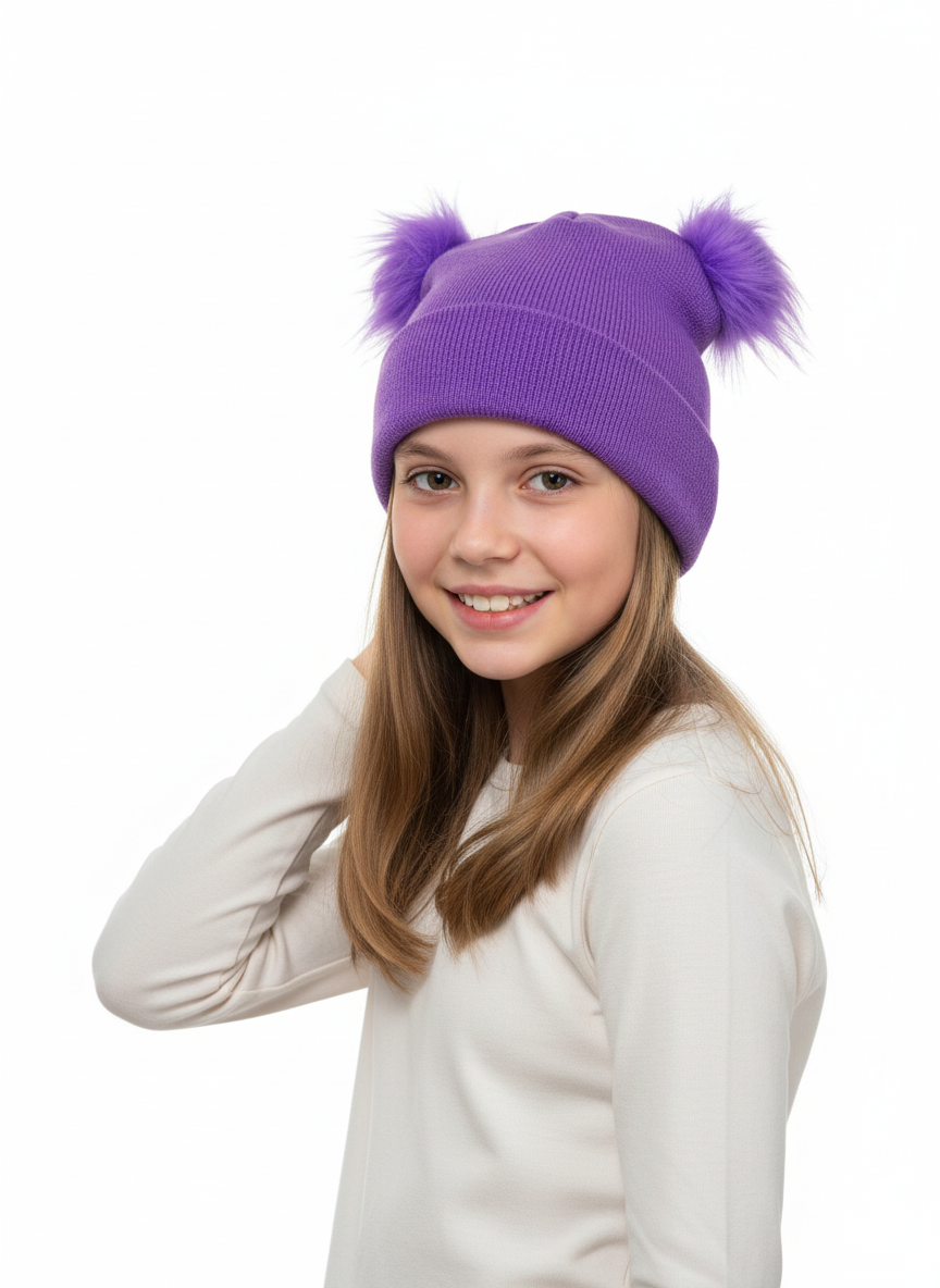 Oppland Kız Çocuk Kışlık Kalın Bere Çift Ponpon Model Pamuklu Katlamalı Sıcak Tutar Esnek Rüzgar Geçirmez Rahat Tasarım