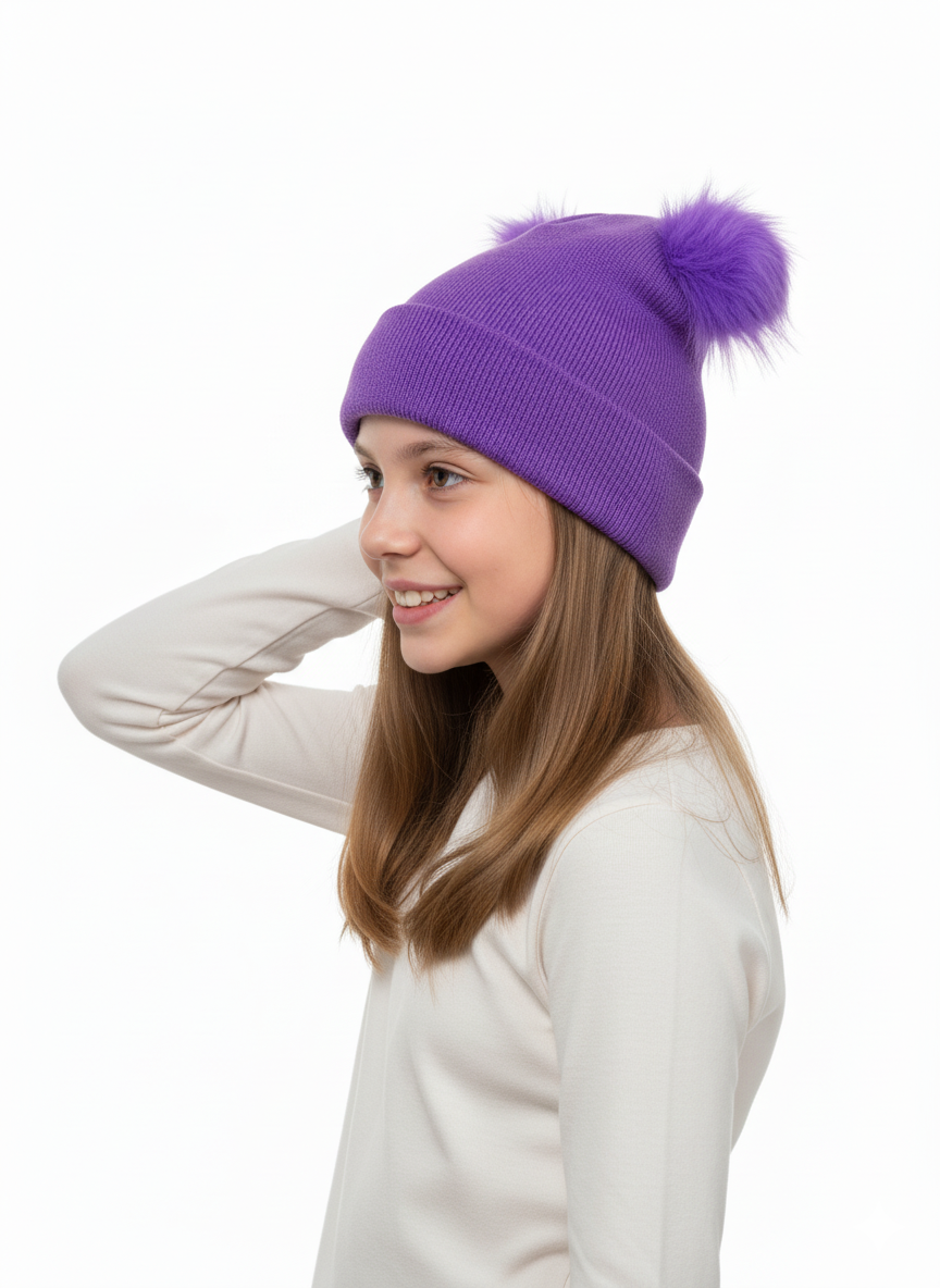 Oppland Kız Çocuk Kışlık Kalın Bere Çift Ponpon Model Pamuklu Katlamalı Sıcak Tutar Esnek Rüzgar Geçirmez Rahat Tasarım