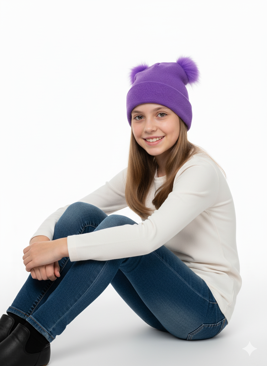 Oppland Kız Çocuk Kışlık Kalın Bere Çift Ponpon Model Pamuklu Katlamalı Sıcak Tutar Esnek Rüzgar Geçirmez Rahat Tasarım