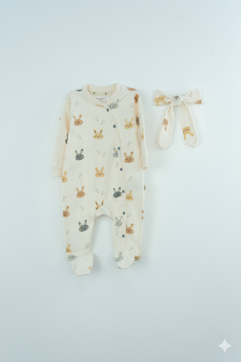 Oppland Kız Bebek Tulum %100 Pamuk Kumaş Uzun Kol Baskılı Patikli Çıtçıtlı Bandanalı Yeni Doğan